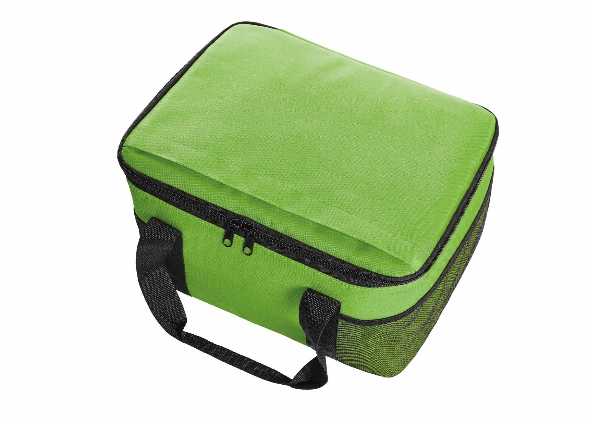 A green cooler bag with a black mesh bottom, featuring a zip closure and carry handles.