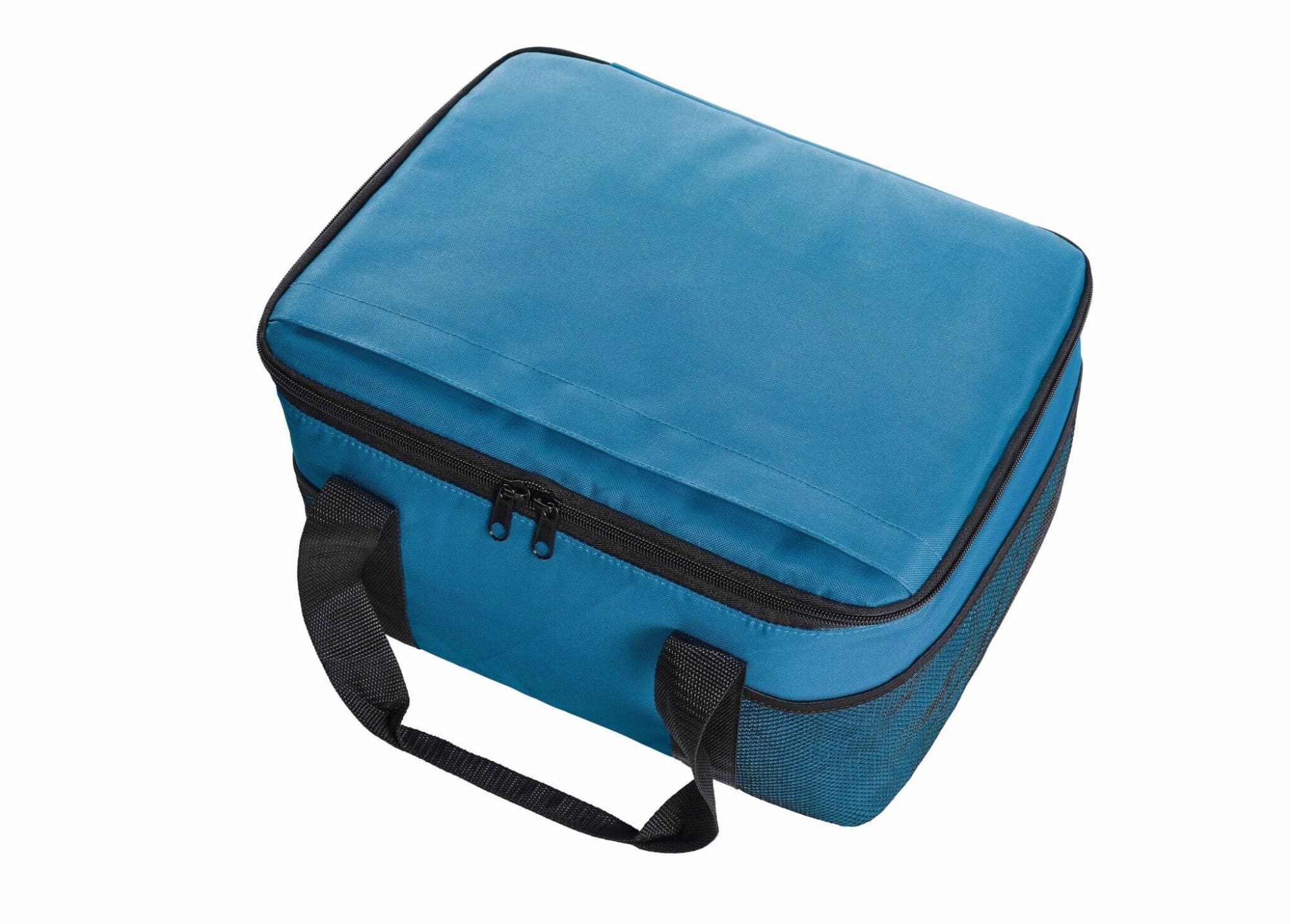 A blue cooler bag with a zippered top and black handles, featuring a textured base and a logo.