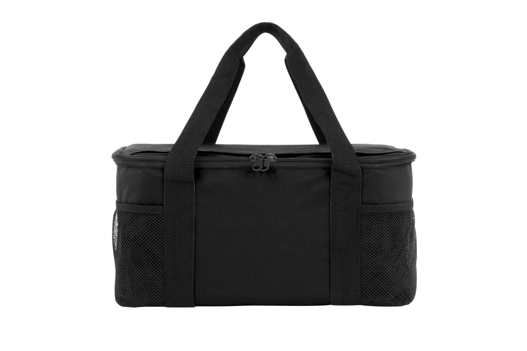 A black cooler bag with a zippered top and mesh side pockets, featuring two sturdy handles and a logo.