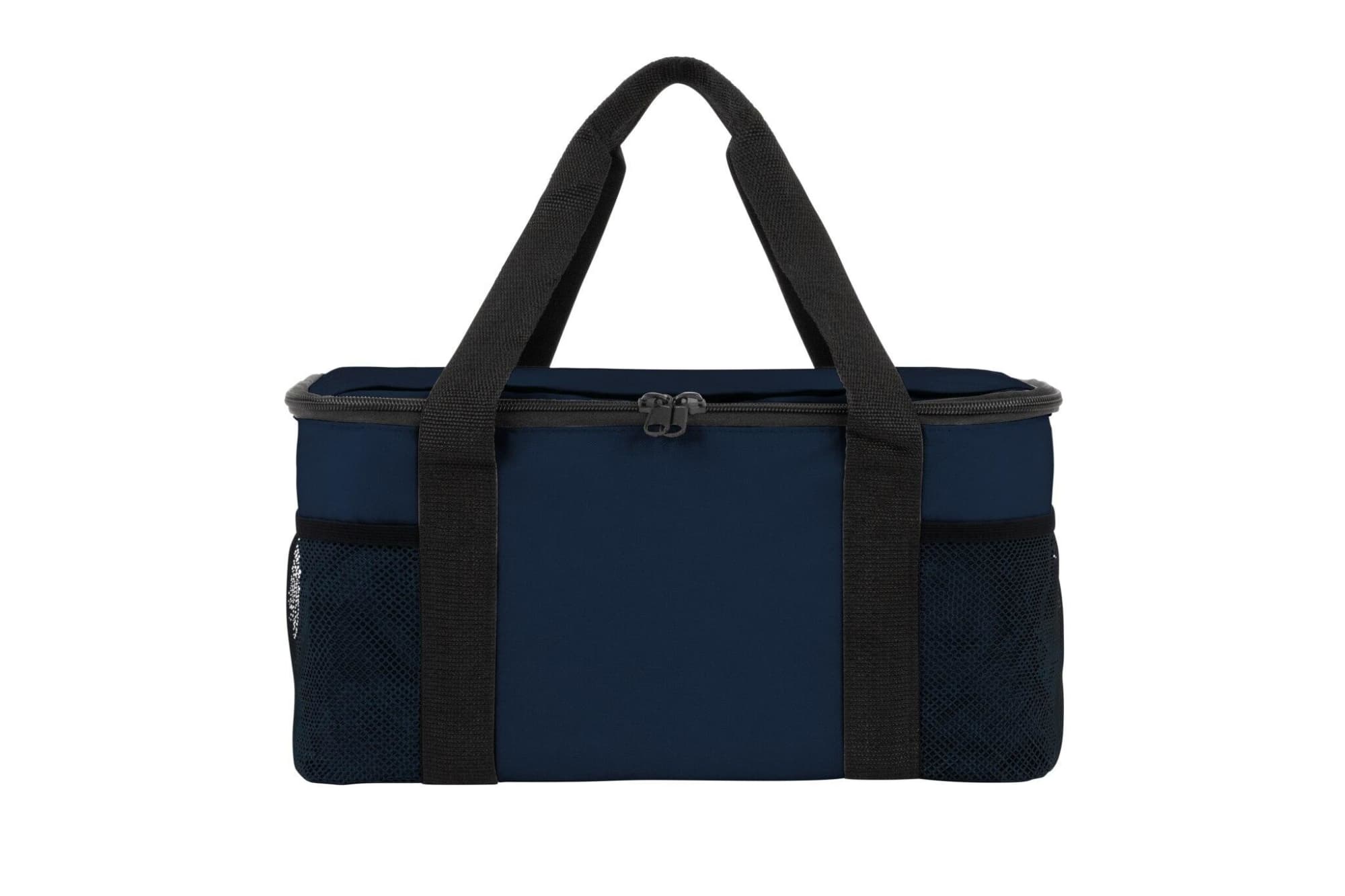 A navy cooler bag with dark grey handles and mesh side pockets, featuring a zip closure and branding.