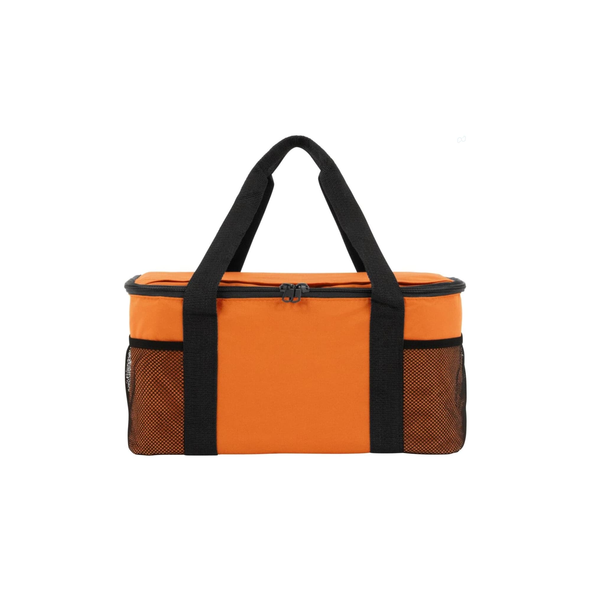 An orange cooler bag with black straps and mesh side pockets, featuring a zip closure and a logo.