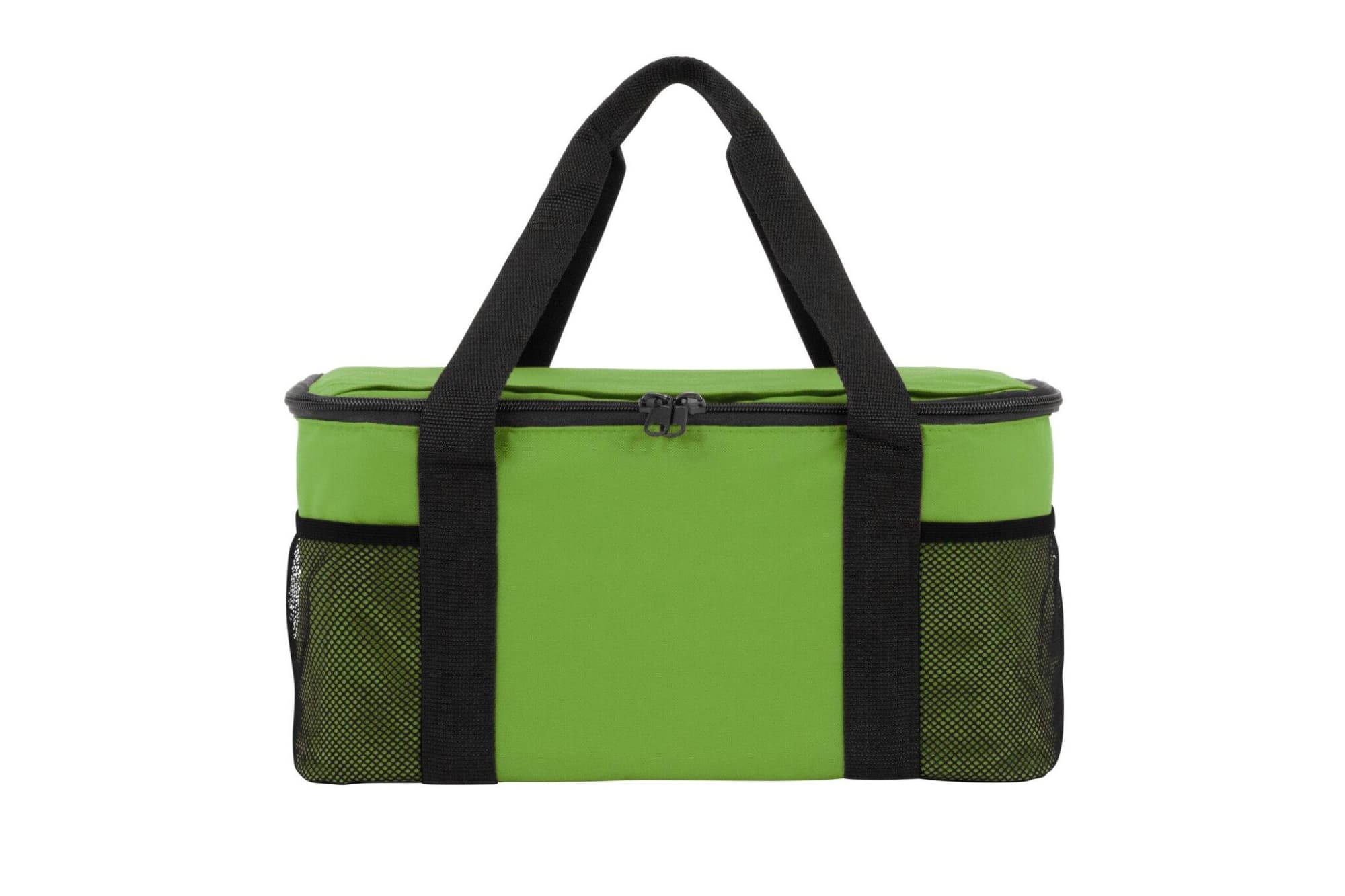 A green cooler bag with black straps and mesh side pockets, featuring a zip closure and a branding logo.