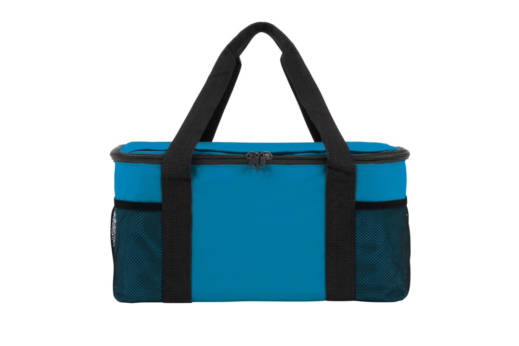 A blue cooler bag with a zippered top and black handles, featuring mesh side pockets. It includes logo branding.