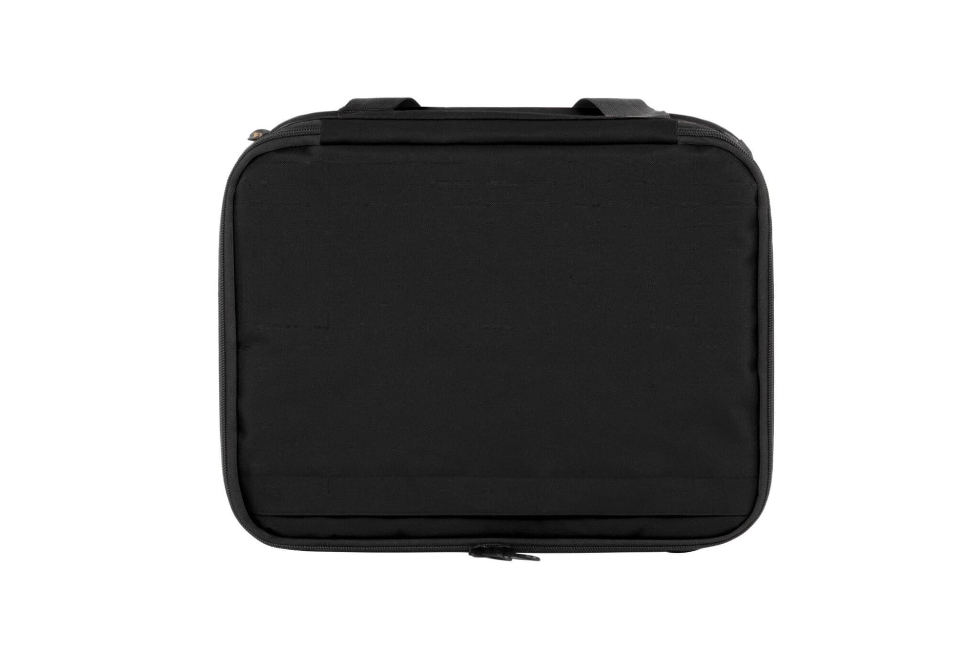 A black cooler bag with a zip closure and two handles, featuring a plain design and a logo.