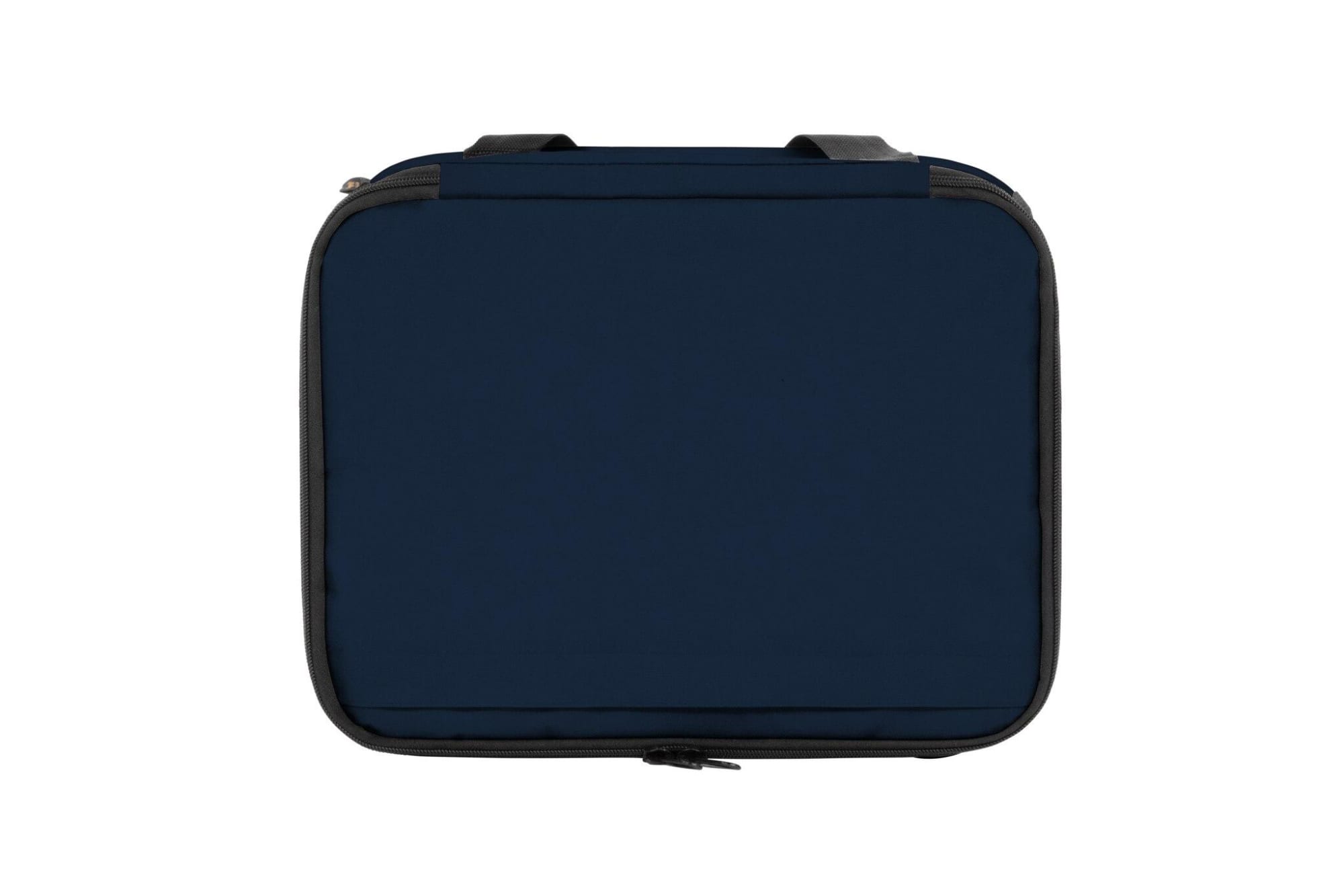 A navy blue cooler bag with dual handles and a zippered closure. It features branding on the exterior.