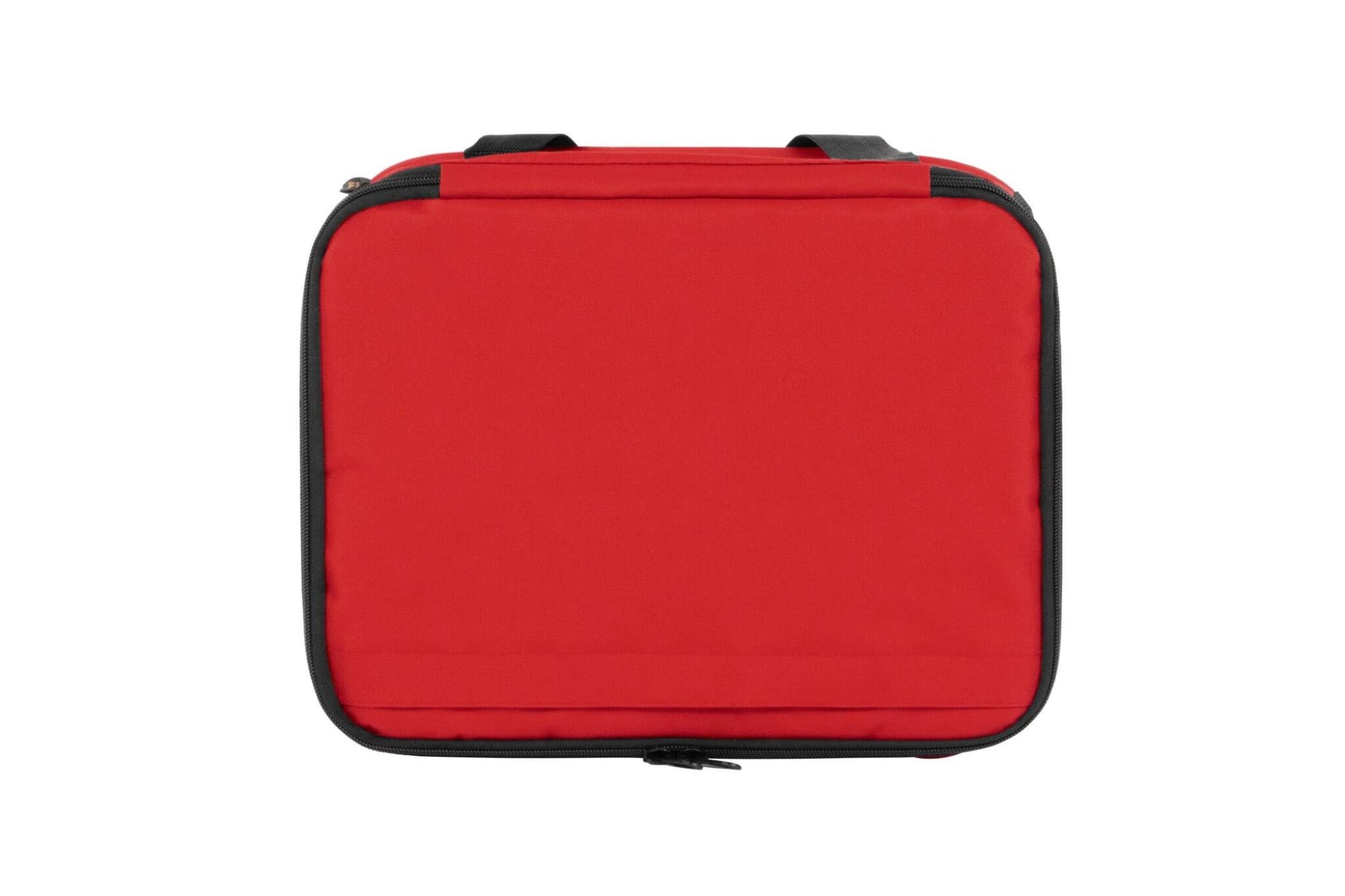 A red cooler bag with a black trim and double handles, featuring a clean surface and a zippered opening.
