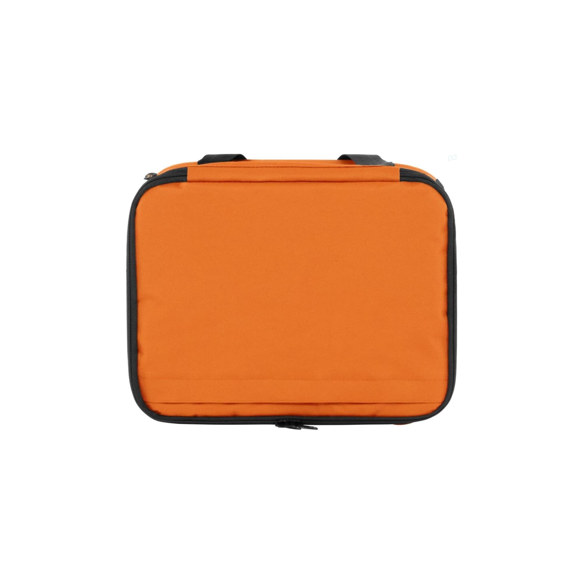 An orange cooler bag with a zip closure and two handles, featuring a simple design.