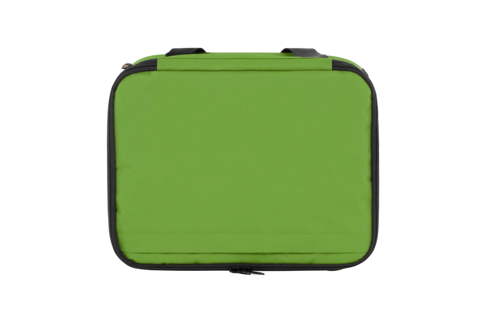 A green cooler bag with a zippered closure and carry handles, featuring a logo.