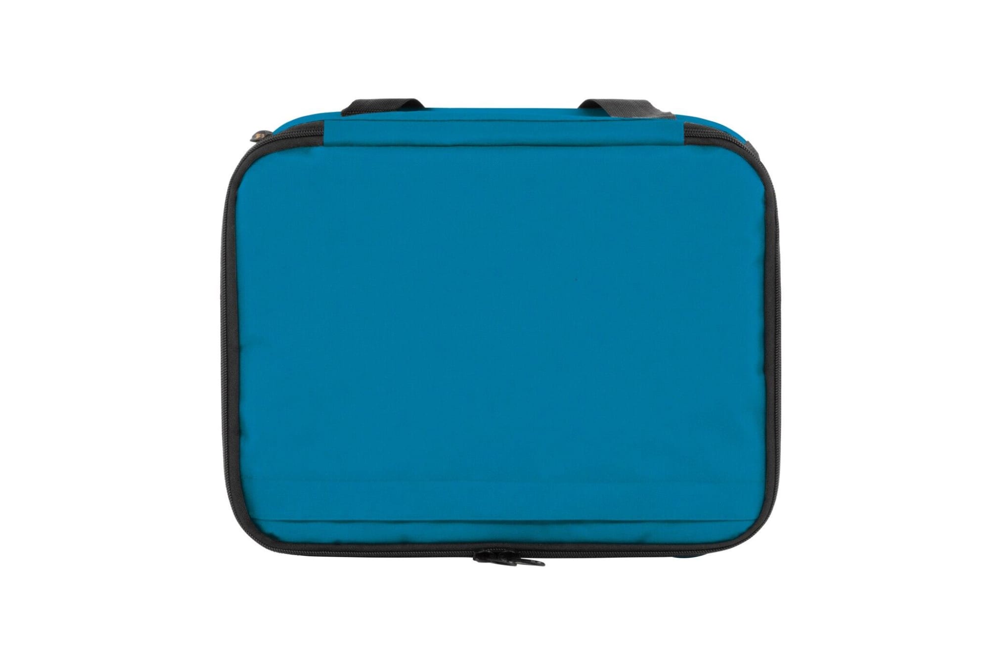 A blue cooler bag with a zip closure, featuring black accents and handles. It has a logo on the front.