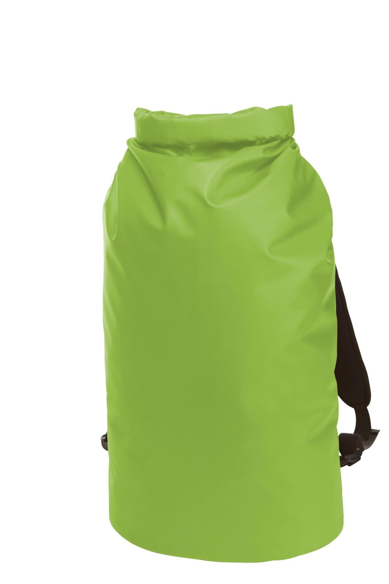 A bright green waterproof backpack with adjustable black shoulder straps and a roll-top closure.