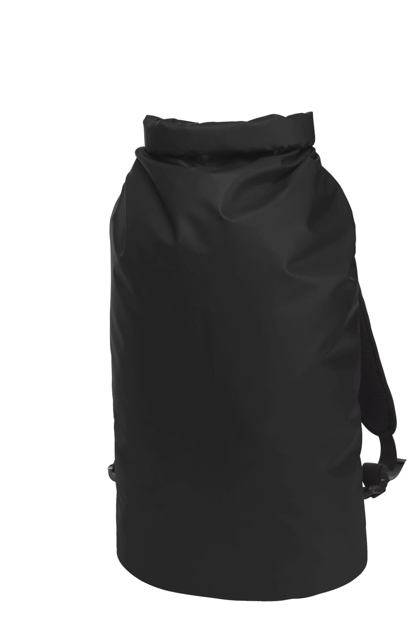 A black waterproof backpack with adjustable straps and a roll-top closure. It features a logo.