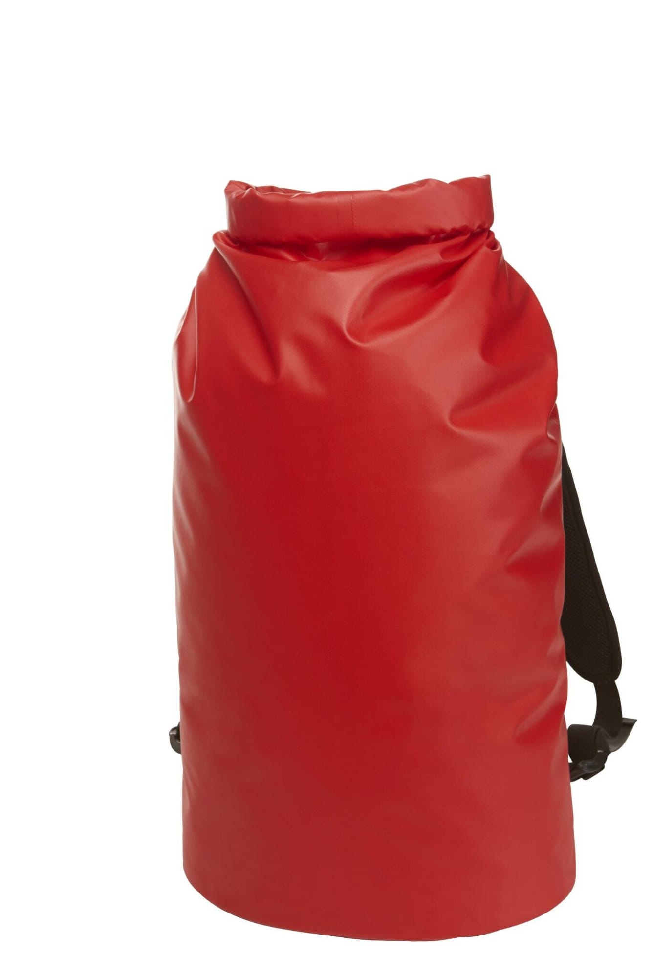 A red waterproof backpack with adjustable black shoulder straps and a roll-top closure. It has a logo.
