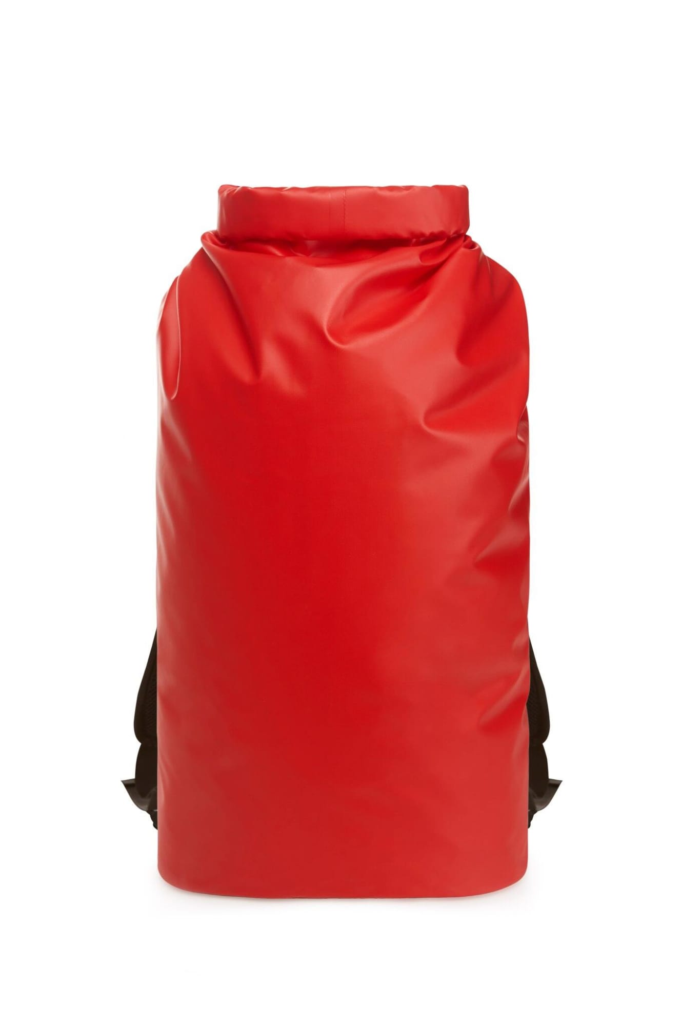 A bright red waterproof backpack with black straps and a roll-top design. It features a branding logo.
