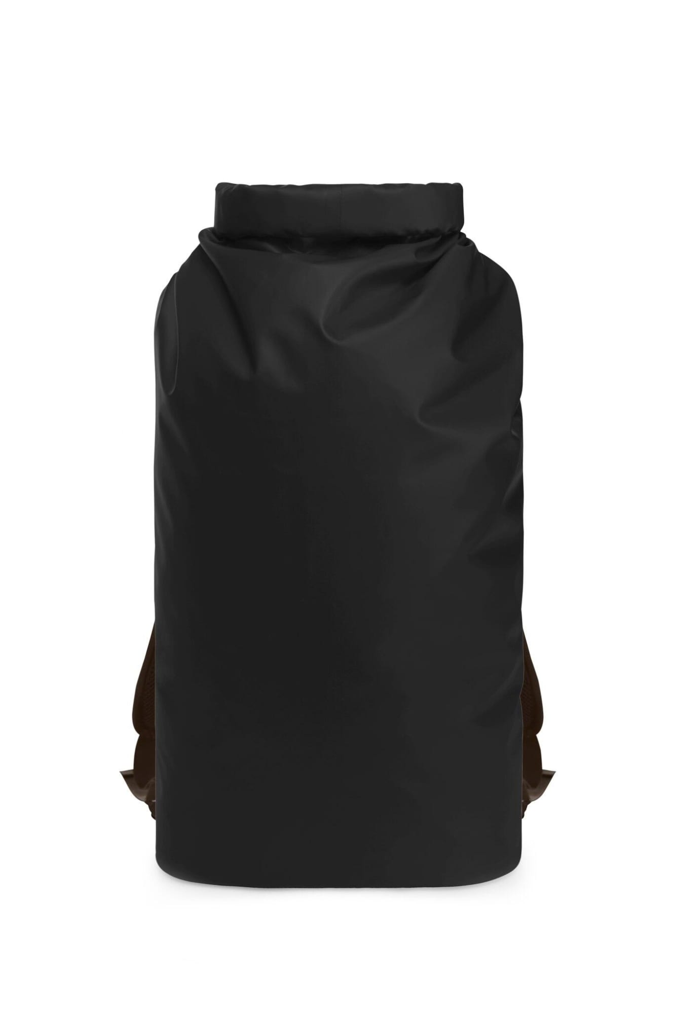 A black backpack with a roll-top closure and brown straps. It features a logo on the front.