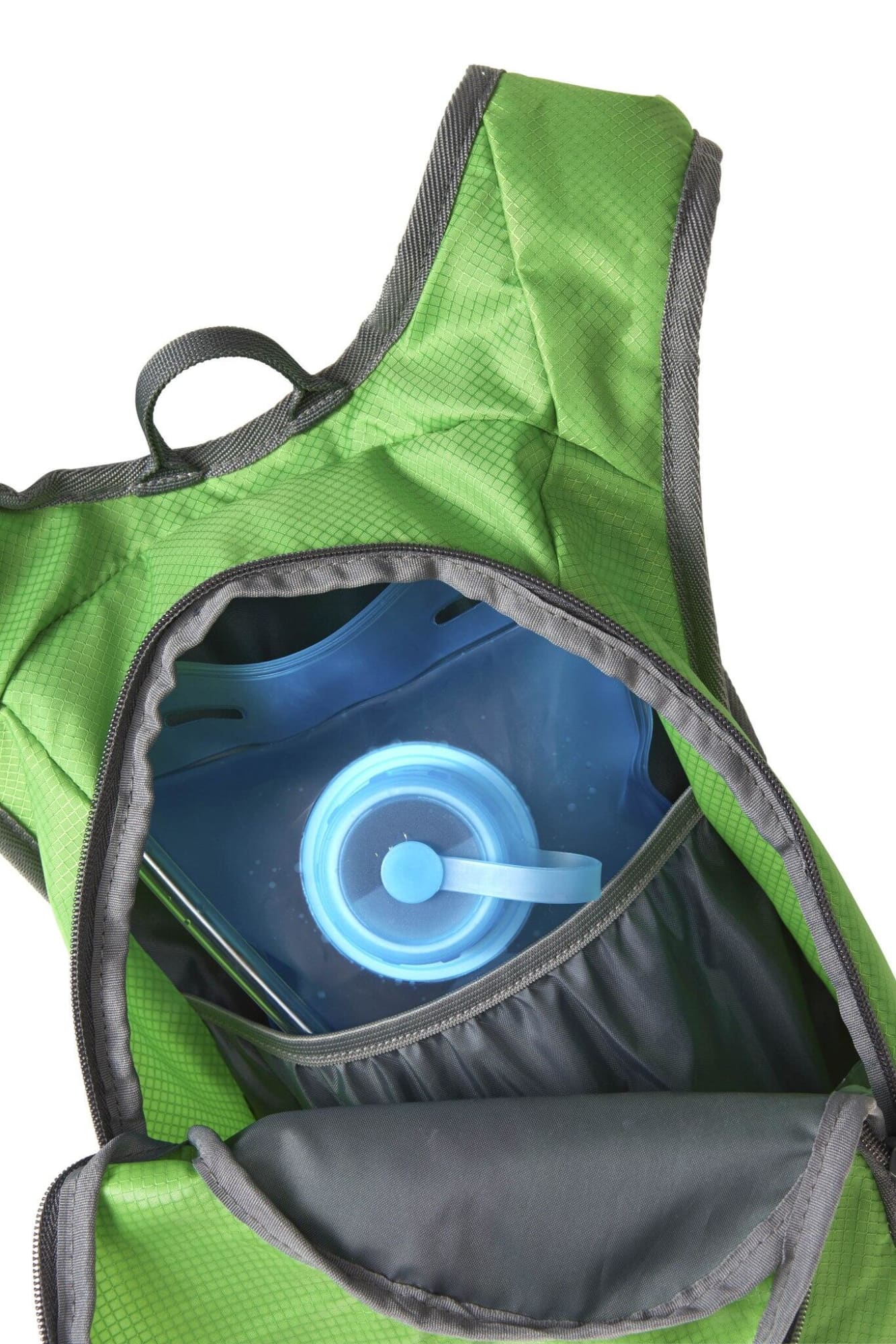 A green backpack with a blue drink bottle visible inside the main compartment. It has a logo on the exterior.