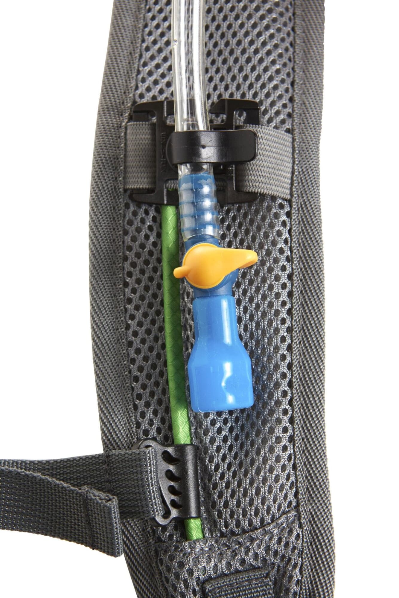A drink tube with a blue nozzle and green straw attached to a grey backpack. The bag features a logo.