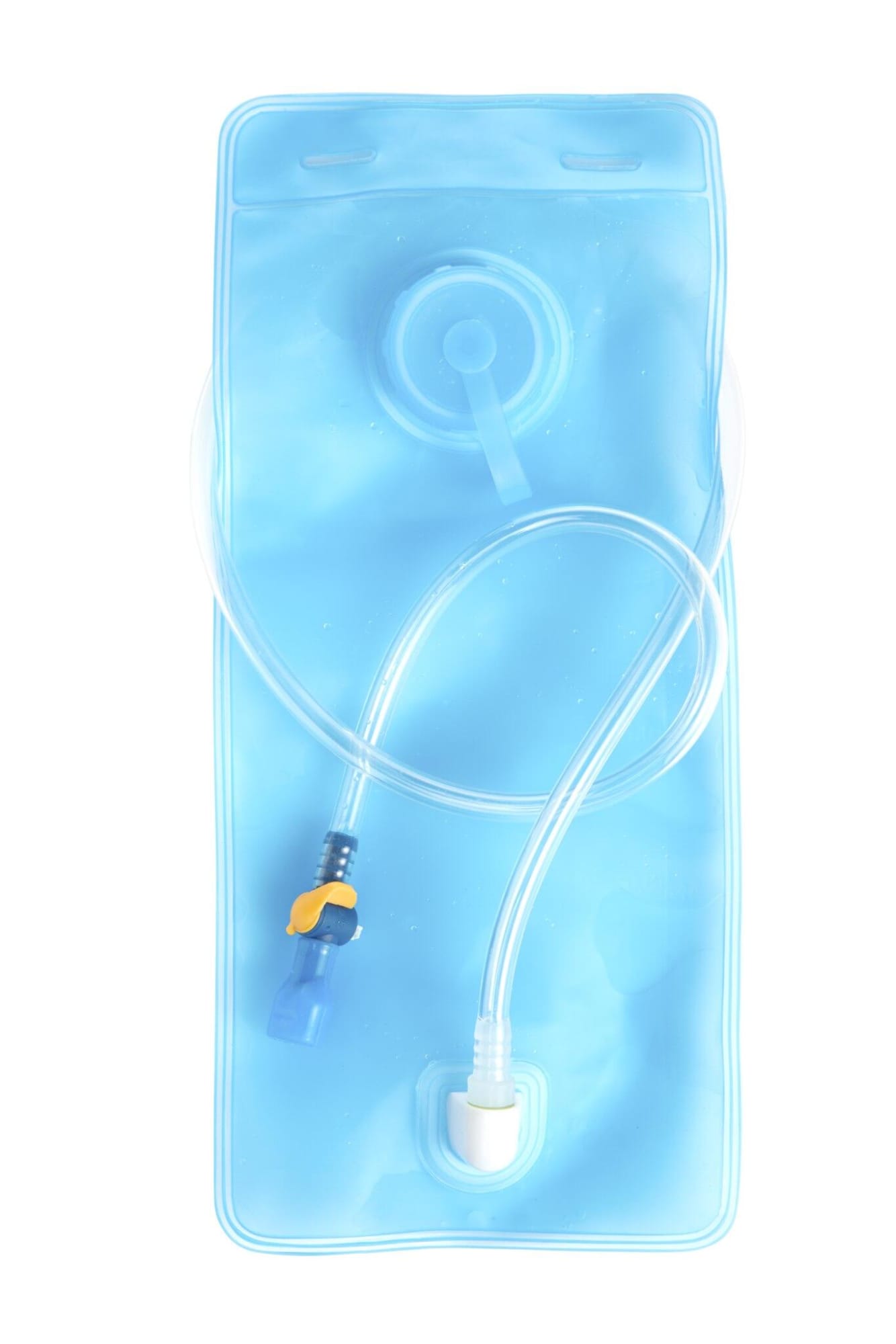 A blue drink bladder with a tube and bite valve, suitable for hydration packs. It features a logo.