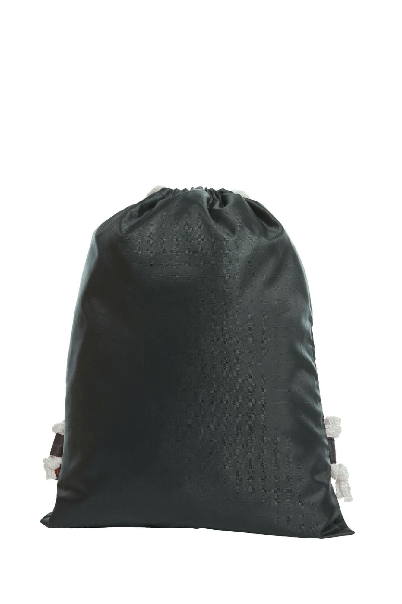 A black drawstring bag with a smooth finish and grey drawstrings, featuring a small logo.