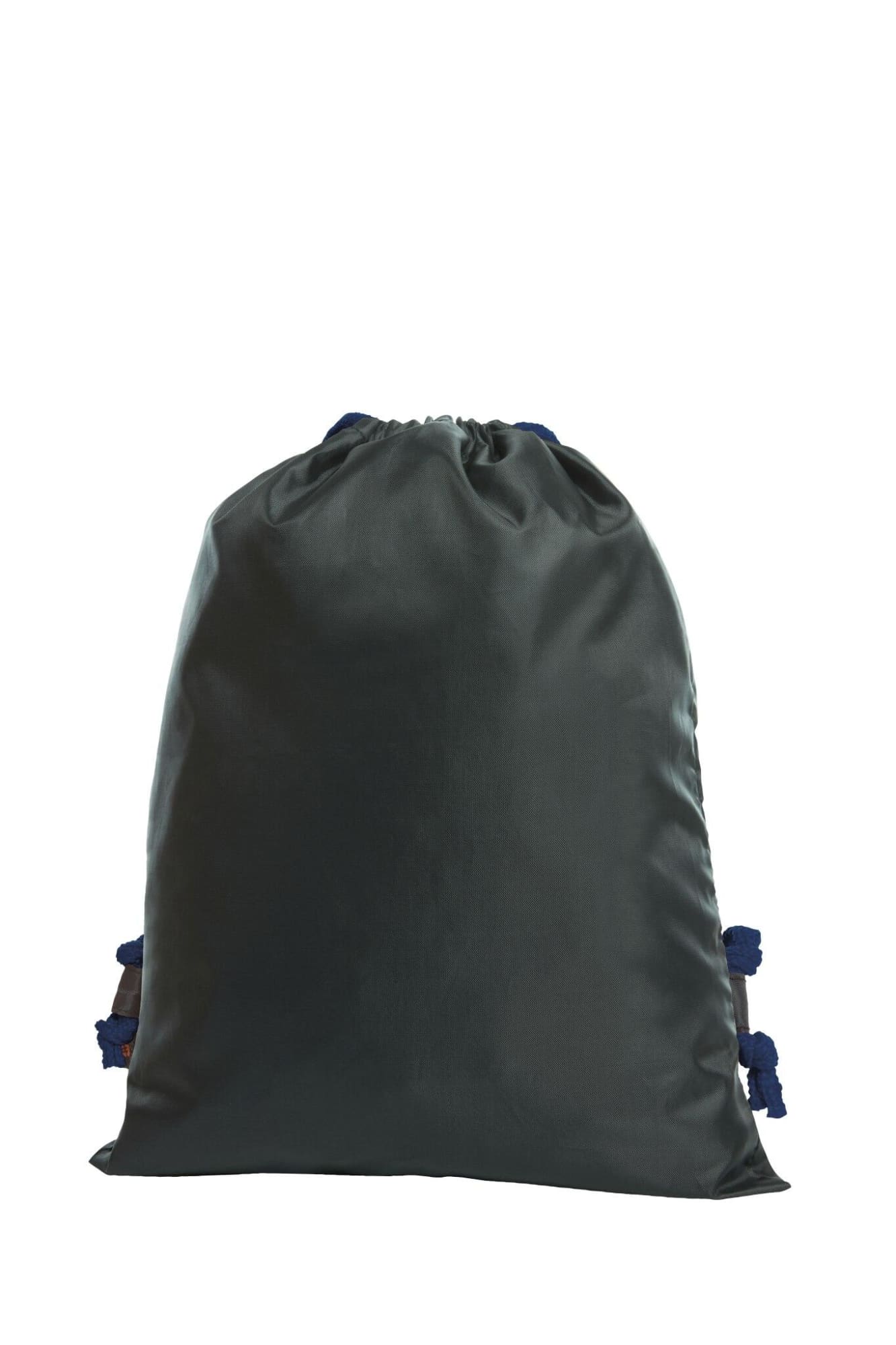 A grey drawstring bag with blue toggles and a logo on one side.