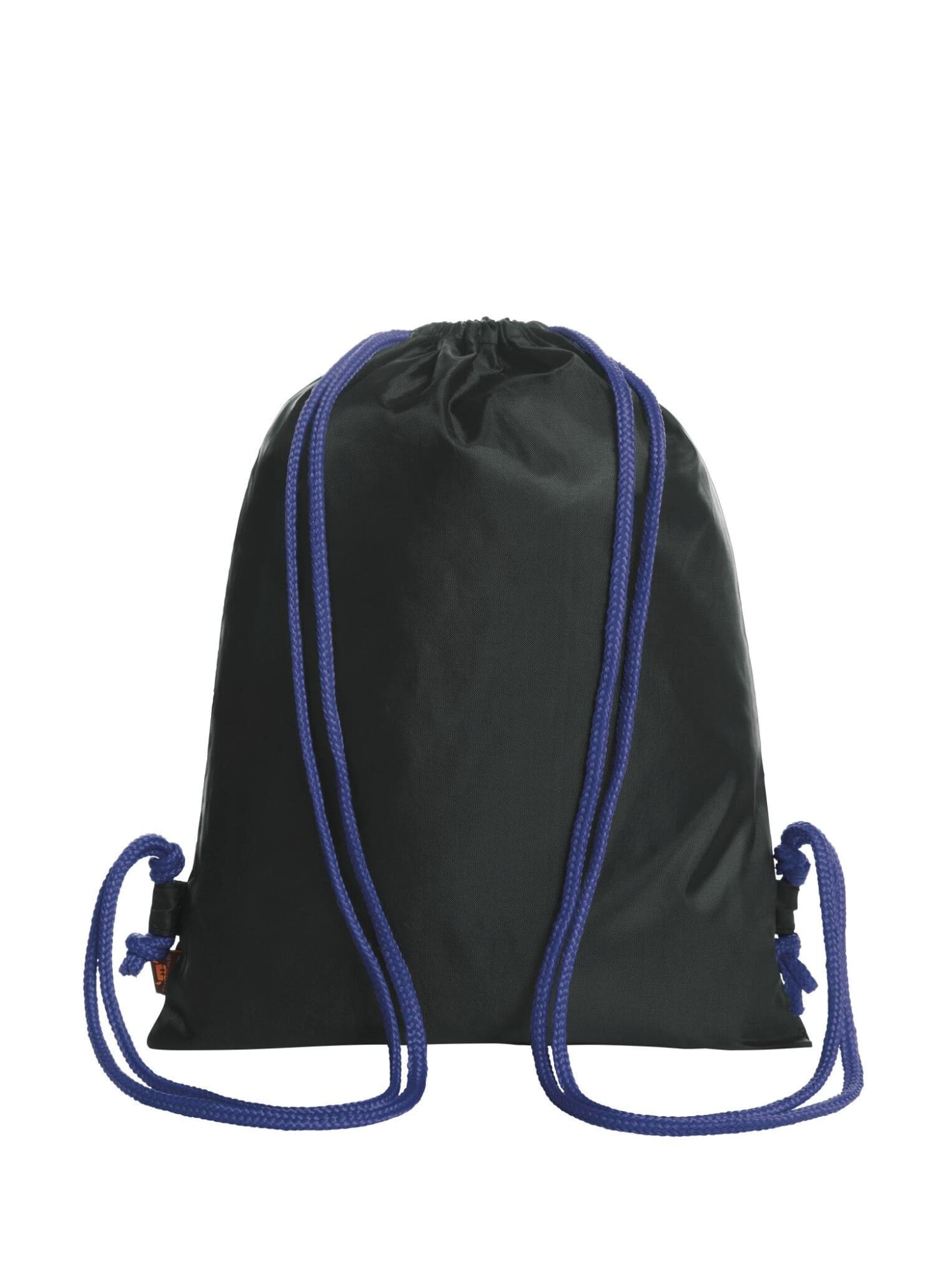 A black drawstring bag with blue cords and a small logo. Ideal for carrying lightweight items.