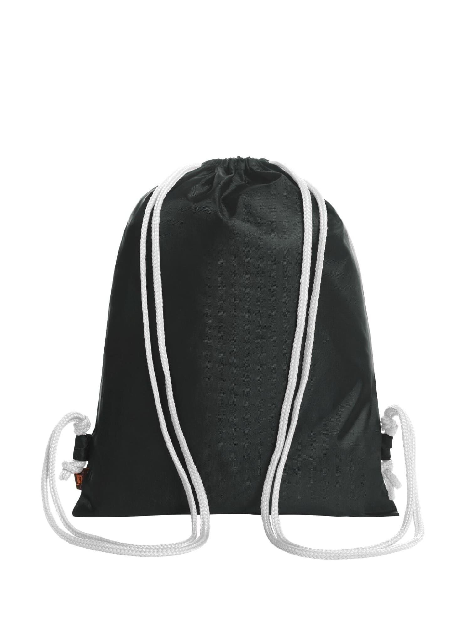 A black drawstring bag with white cords, featuring a logo. Simple design suitable for various uses.