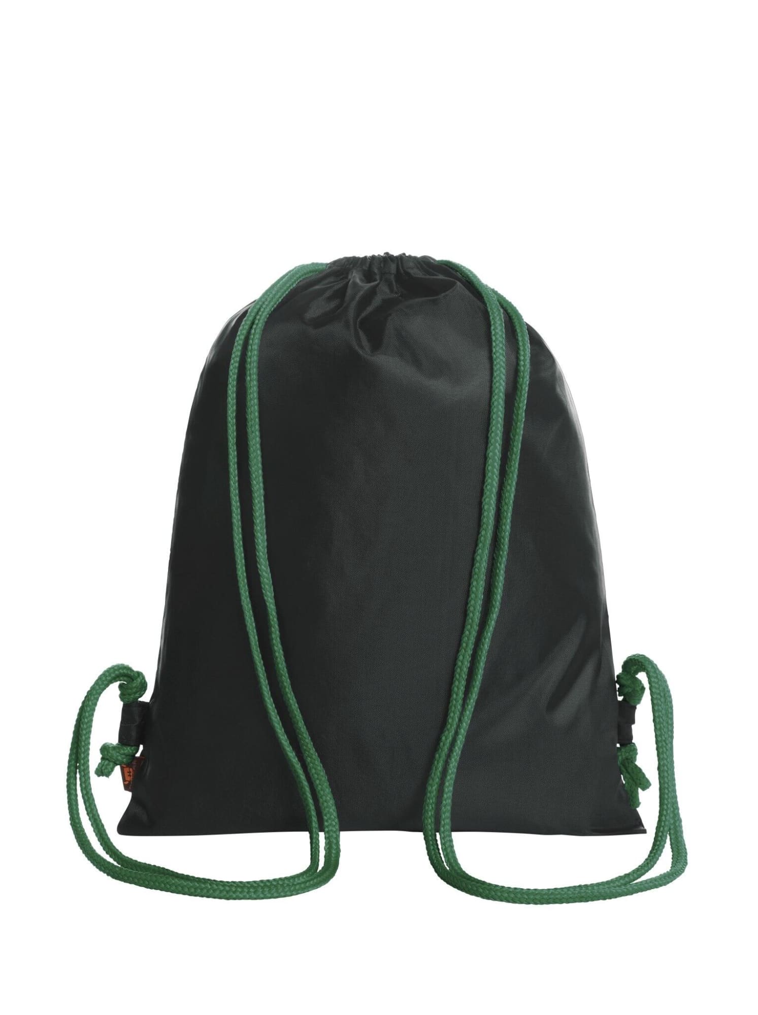 A black drawstring bag with green cords and a logo. Simple design for convenient carry.