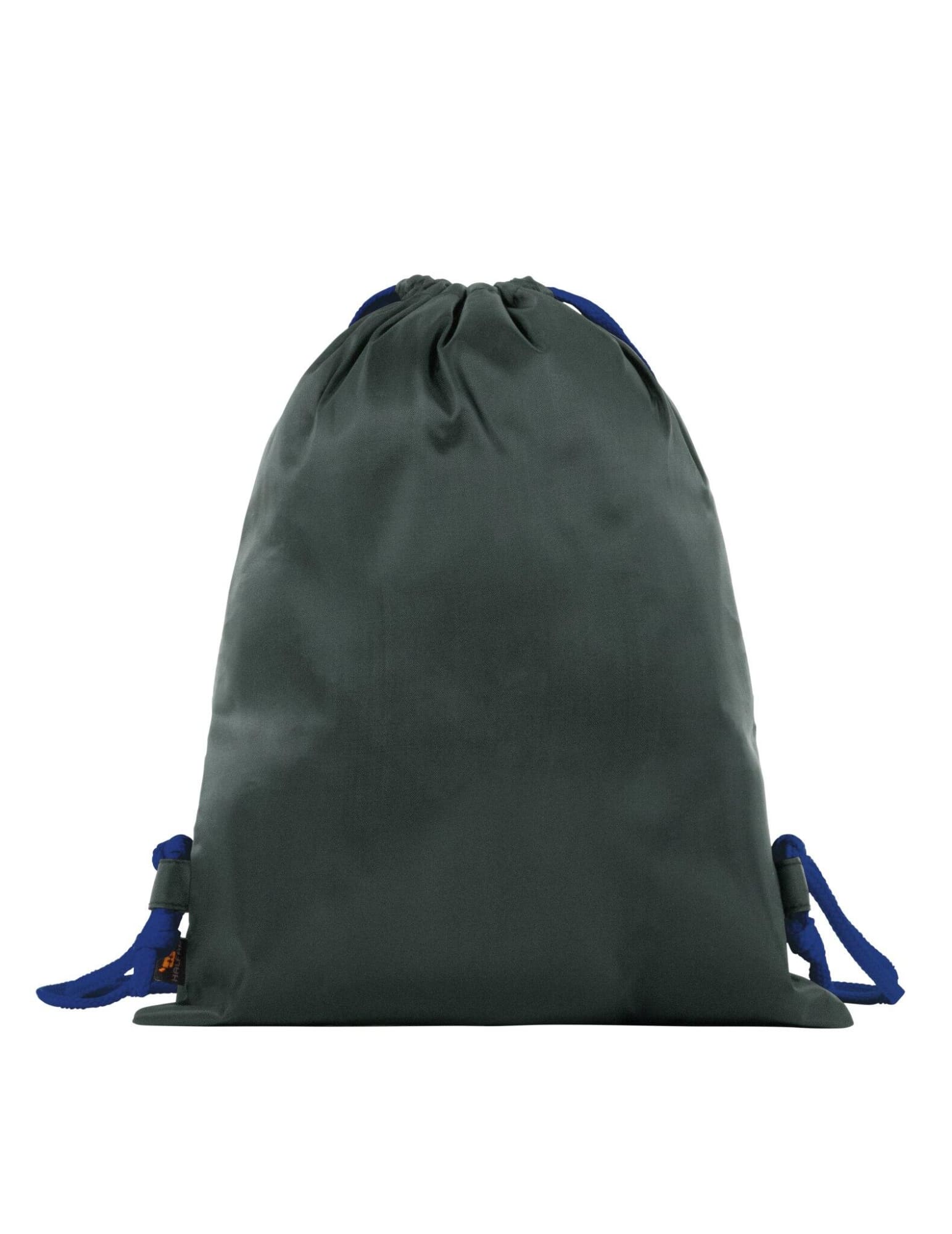 A drawstring bag in dark green with blue straps, featuring a logo on the front.