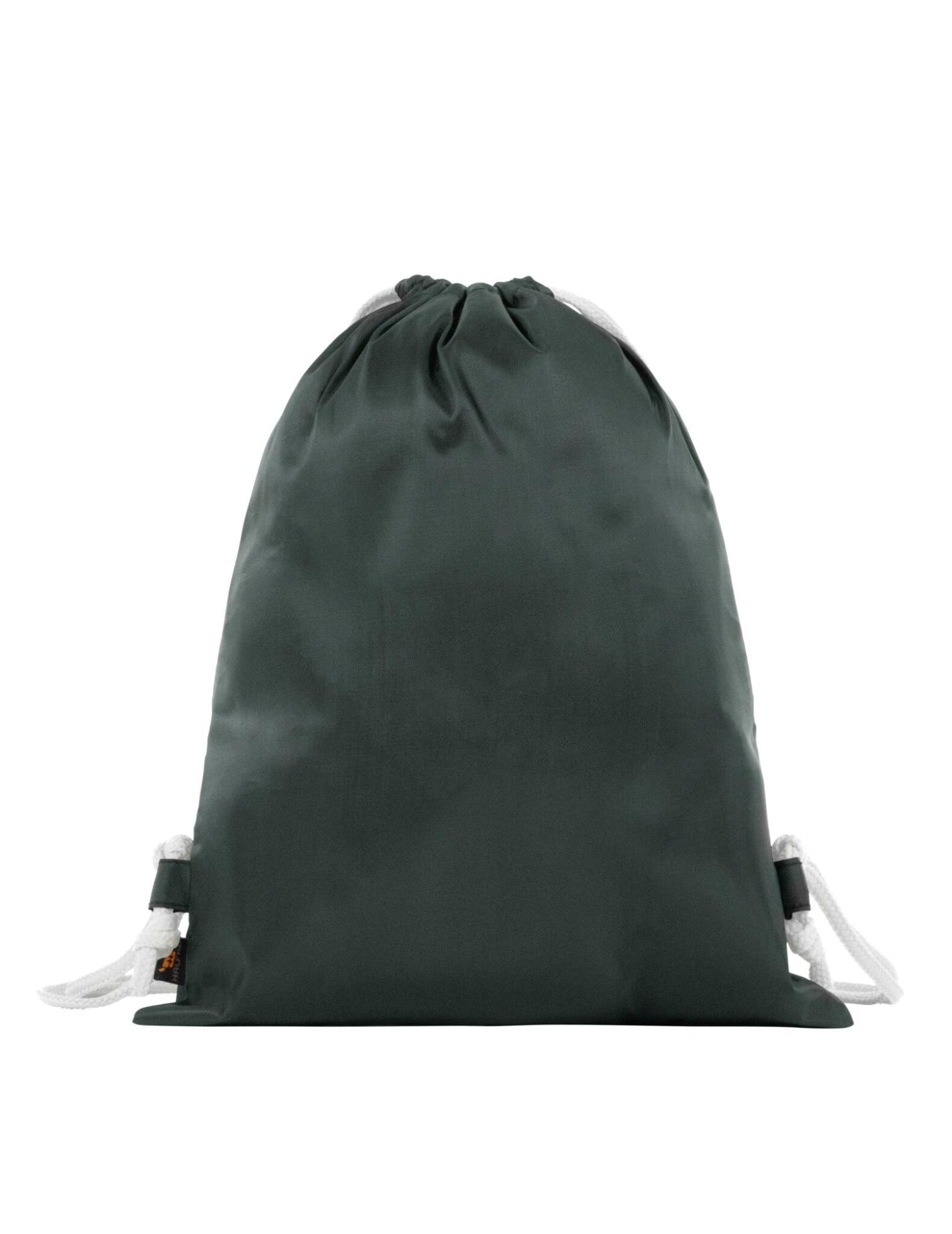A green drawstring bag with white cords and a logo. The bag has a smooth, shiny surface.