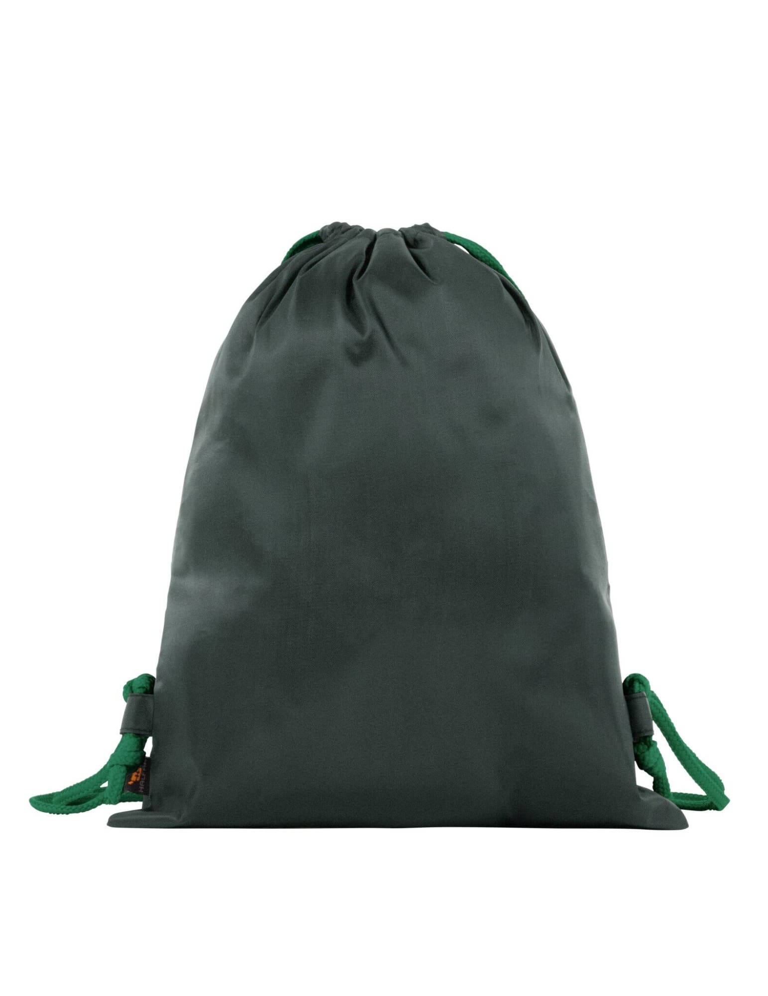 A dark green drawstring bag with matching drawstrings and an attached logo.