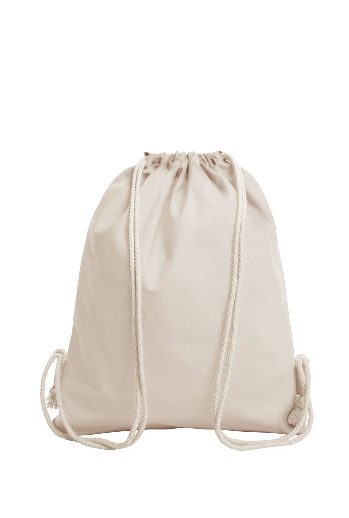 A beige organic drawstring bag with white drawstrings and a simple design. It features a logo.