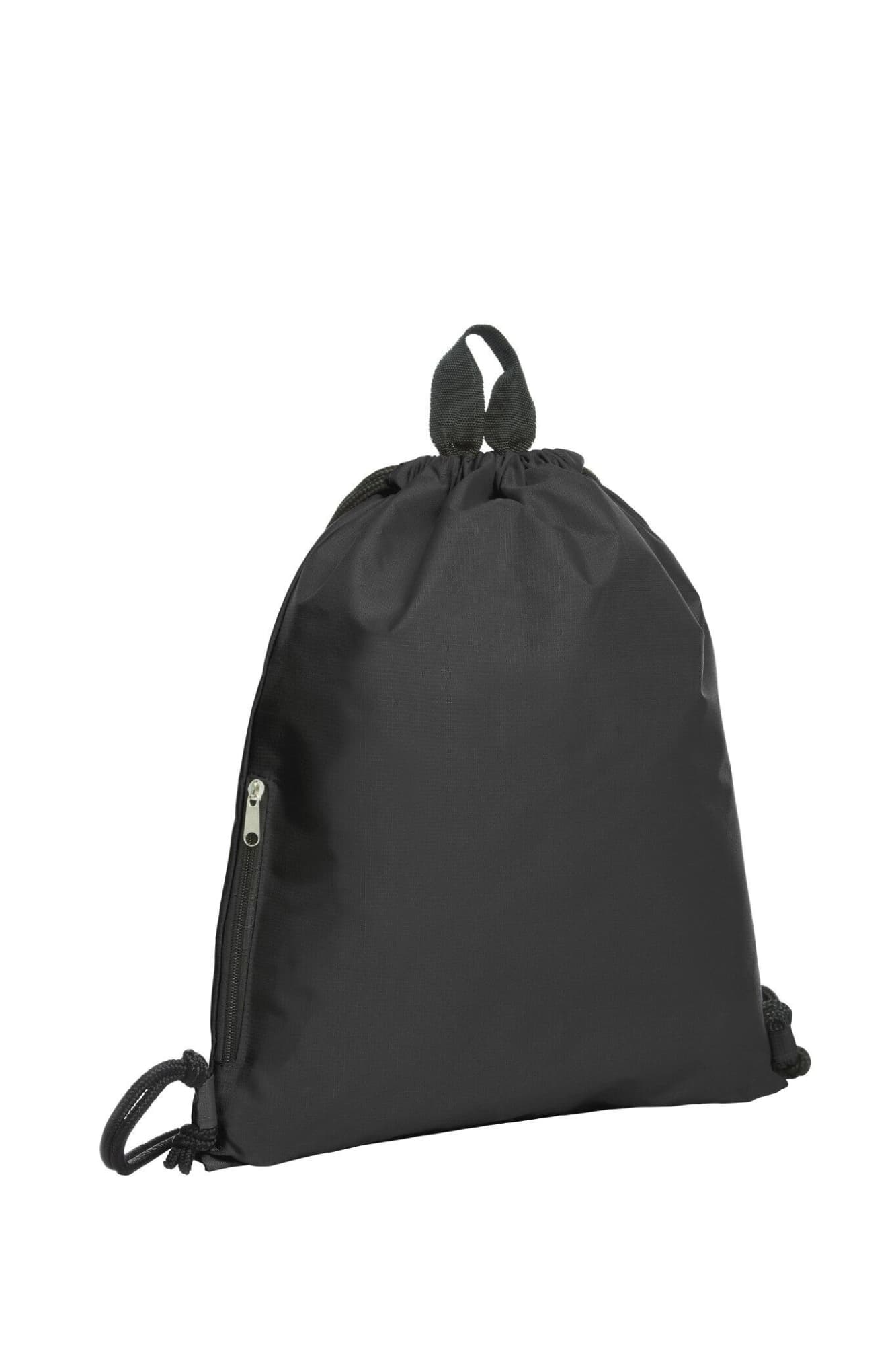 A black drawstring bag with a zippered pocket and a pull string closure, featuring a logo.