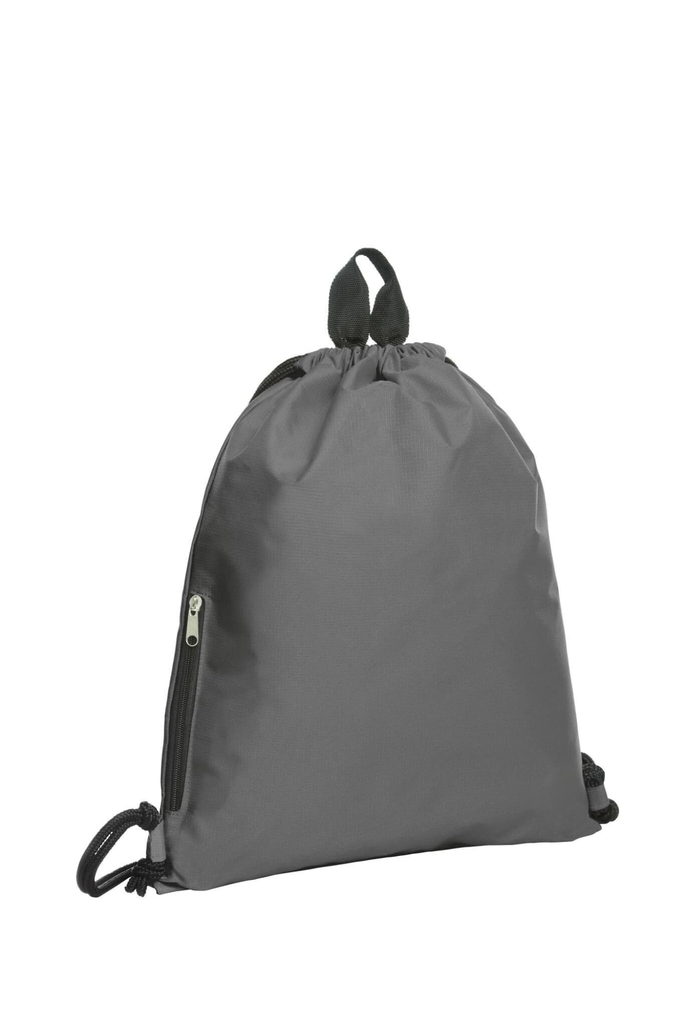 A grey drawstring bag featuring a cinch closure and a zippered pocket on the side, along with a logo.