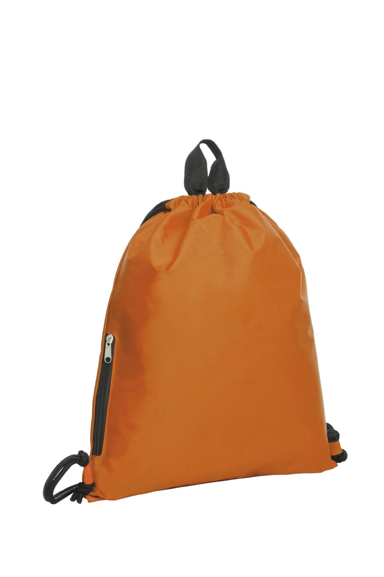An orange drawstring bag with a black zip pocket and adjustable cord straps. It features a branding logo.