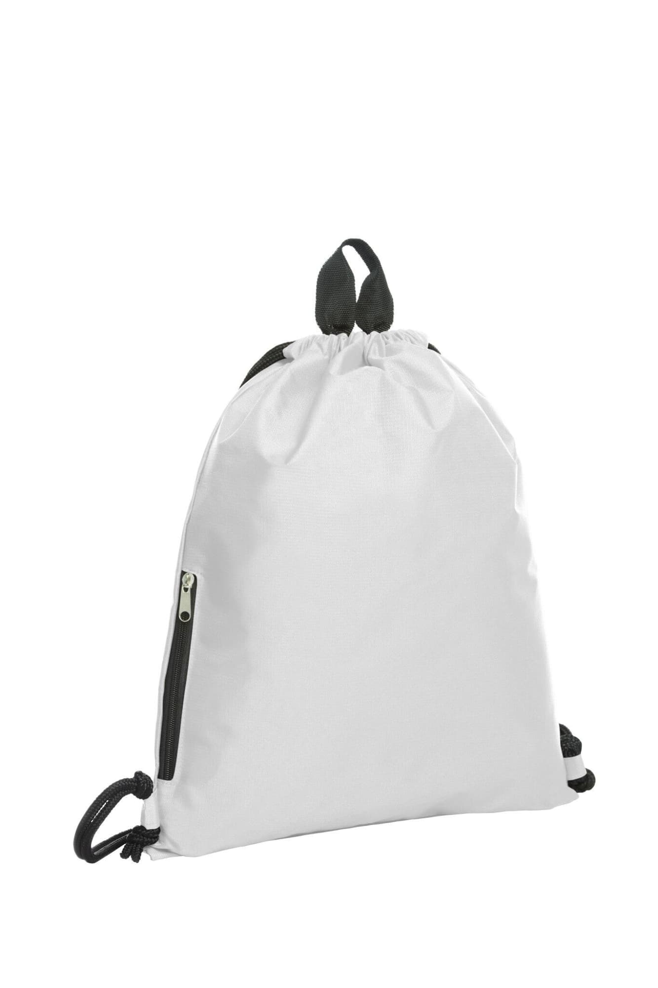 A white drawstring bag with a black zipper and black drawcords, featuring a logo.