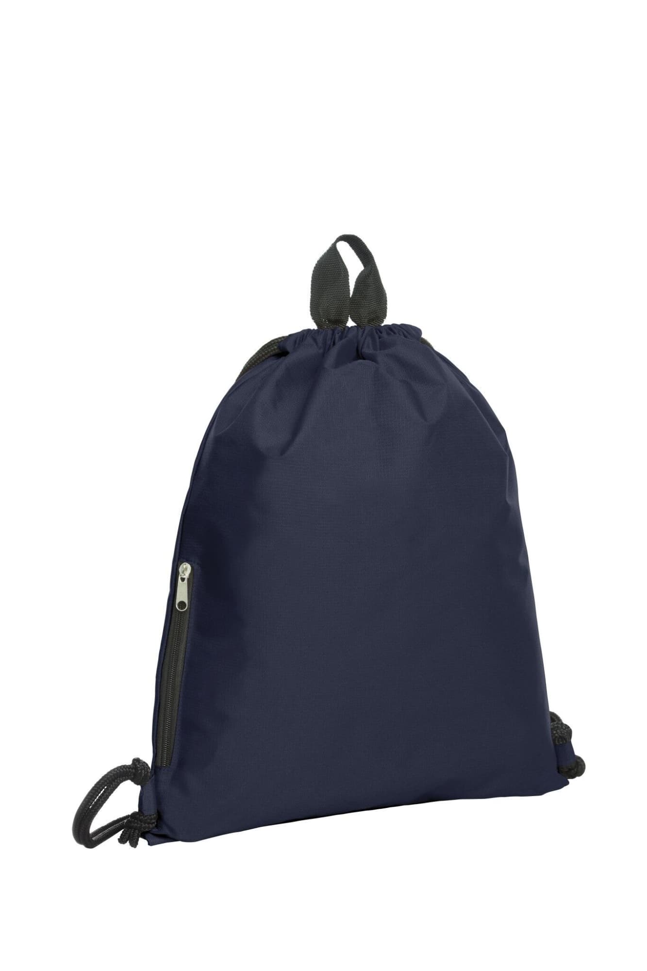 A navy blue drawstring bag with adjustable cords and a zippered pocket. It features a branding logo.