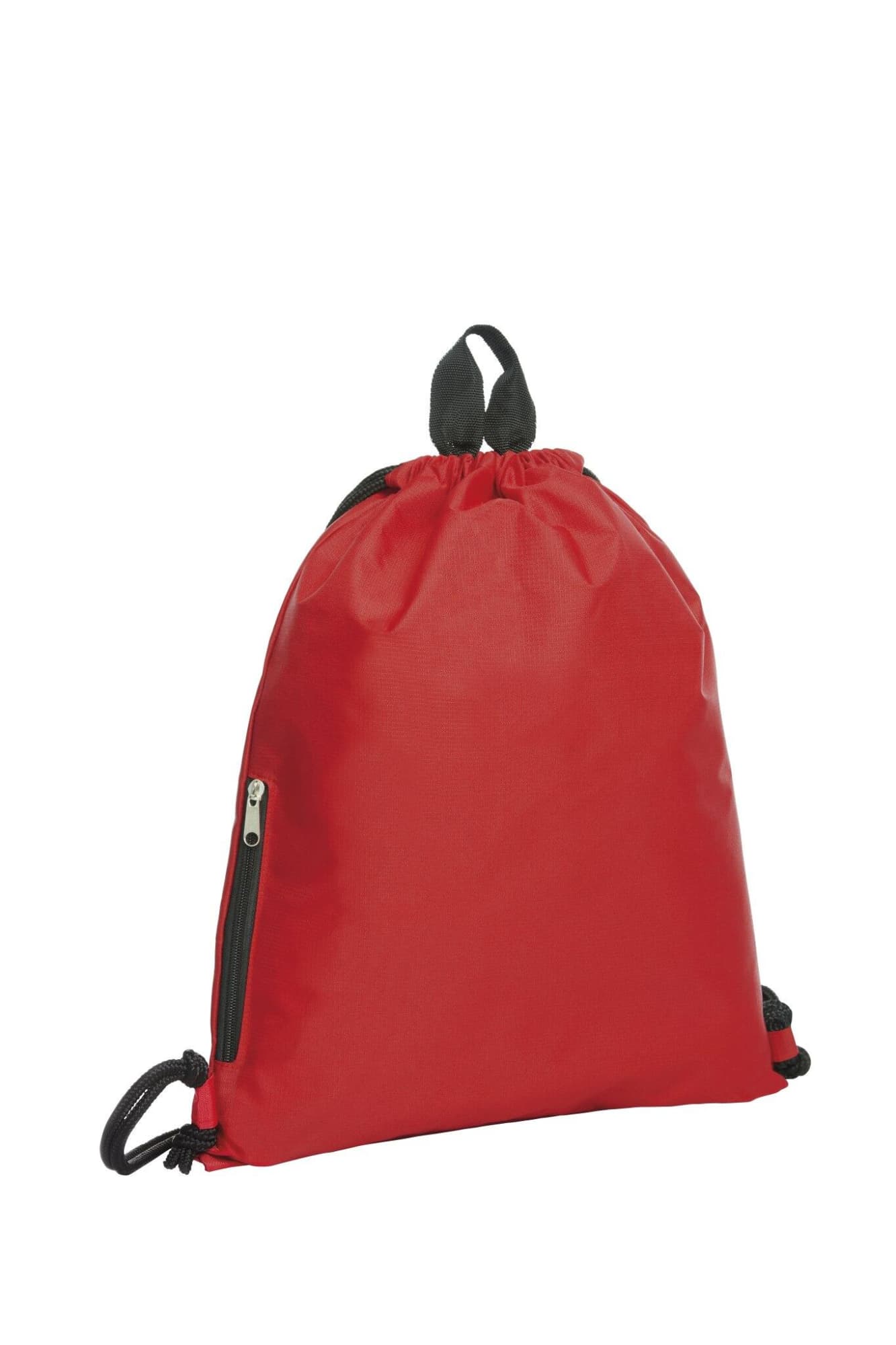 A red drawstring bag with a black zippered pocket and black drawstrings, featuring a logo.