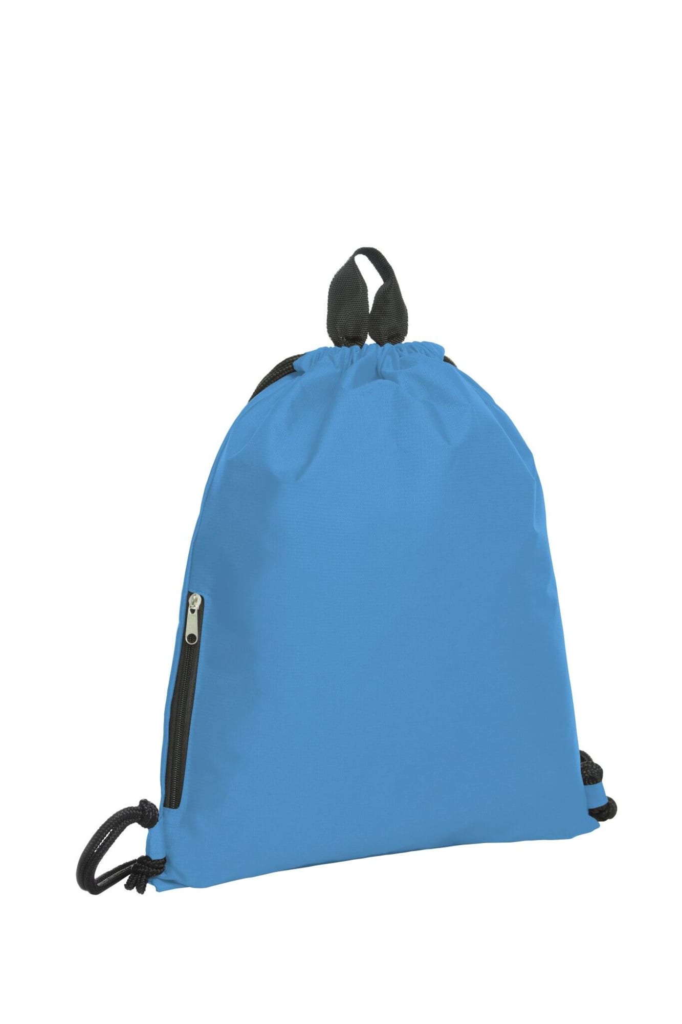A blue drawstring bag featuring a zippered pocket and a logo on the front. It has black drawstrings and a top handle.