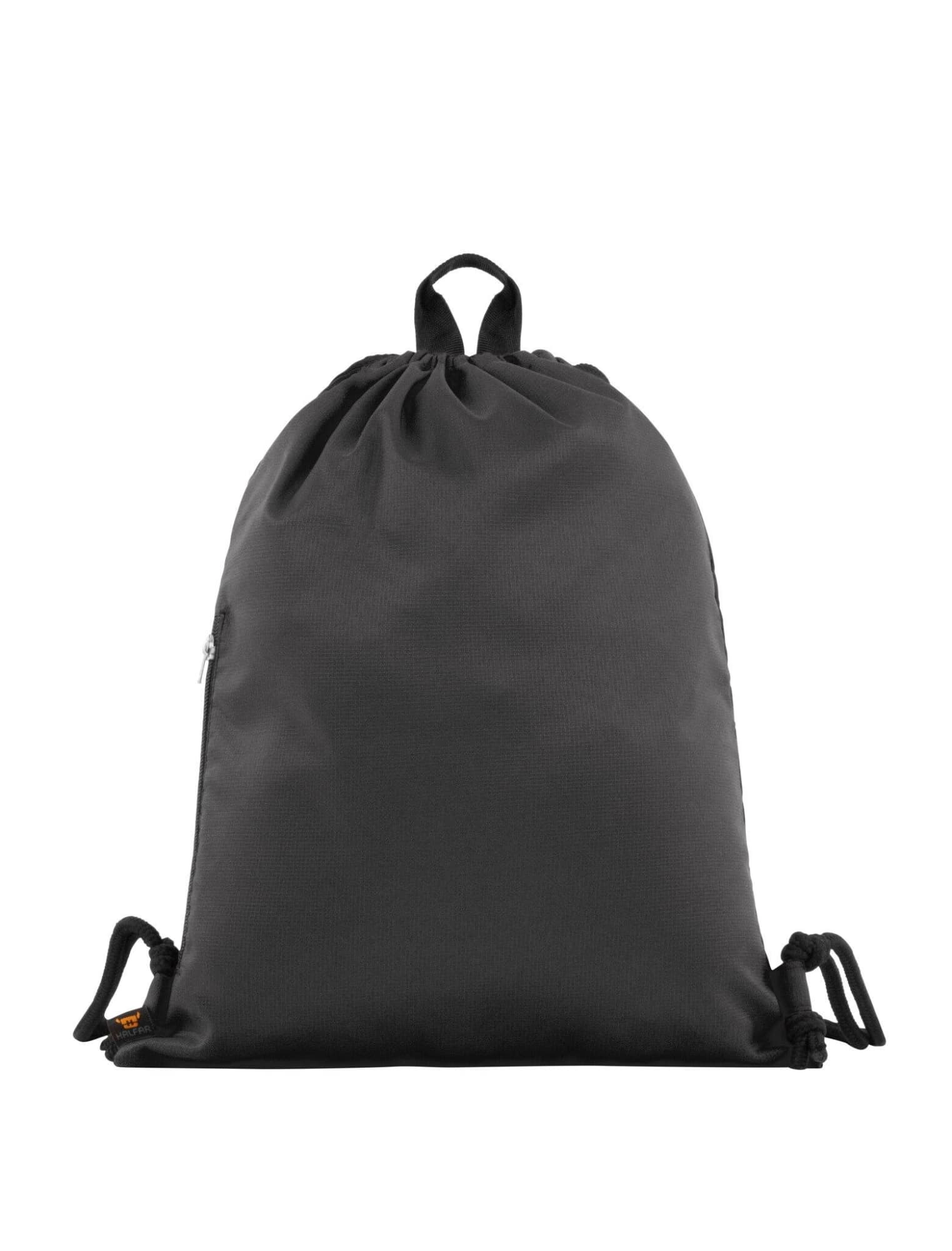 A black drawstring bag features a simple design with a logo and adjustable drawstrings. 