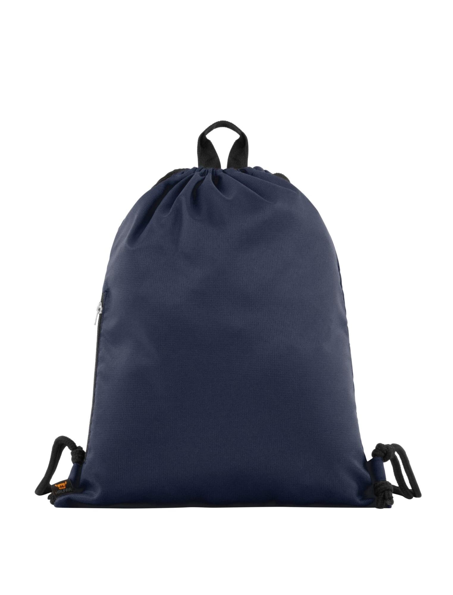 A navy drawstring bag with a cinched top and black cord drawstrings, featuring a small zipper pocket.