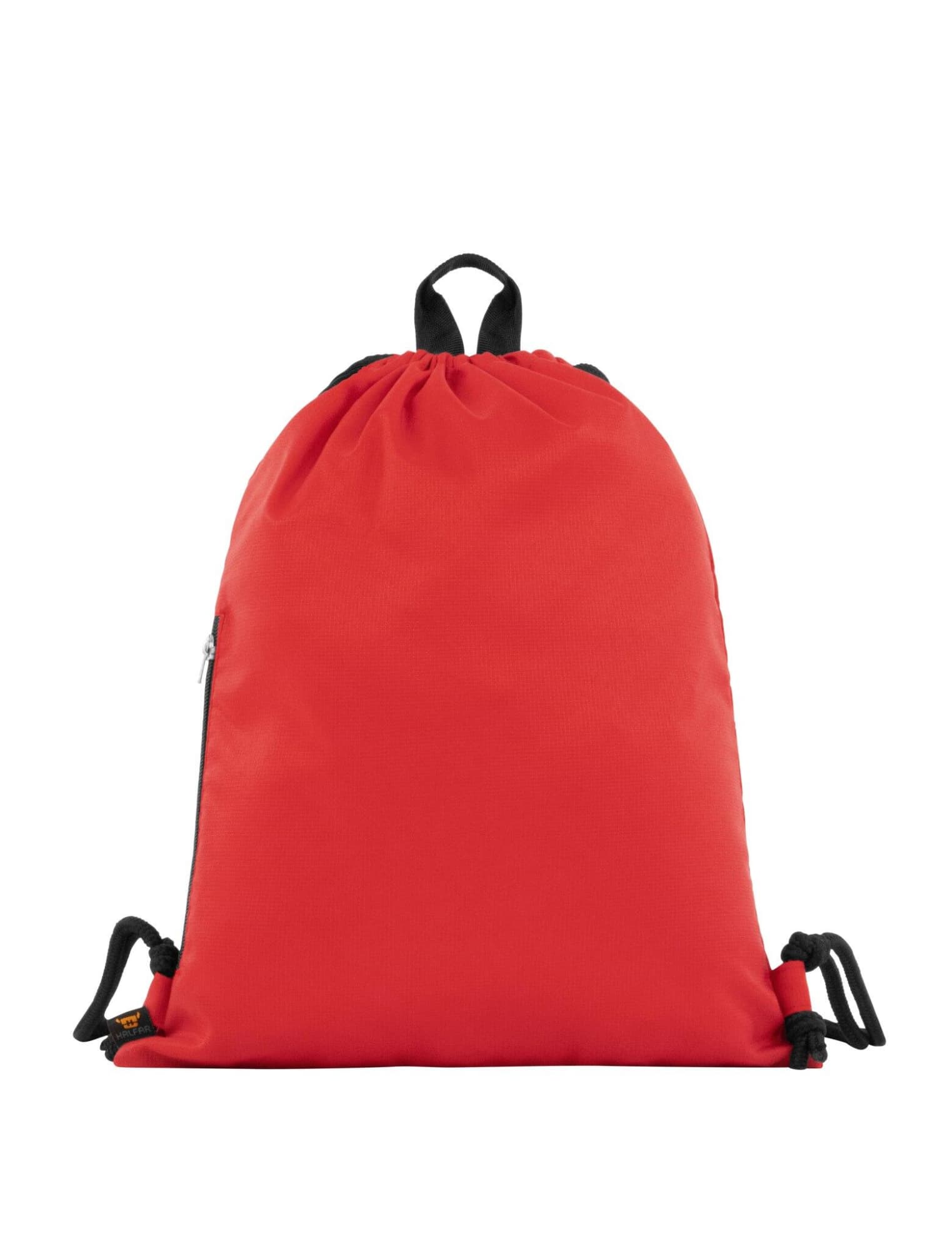 A red drawstring bag with black accents and a logo, featuring adjustable drawstrings for closure.