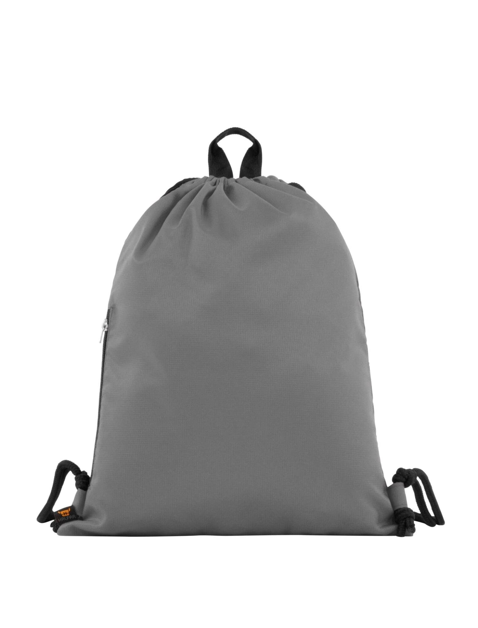 A grey drawstring bag with a top loop and adjustable drawstrings. It features a small zippered pocket.