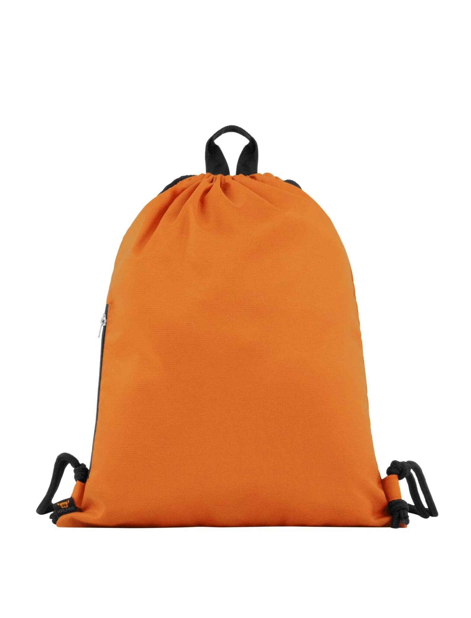 An orange drawstring bag with black accents and a logo, featuring a cinch closure and side pocket.