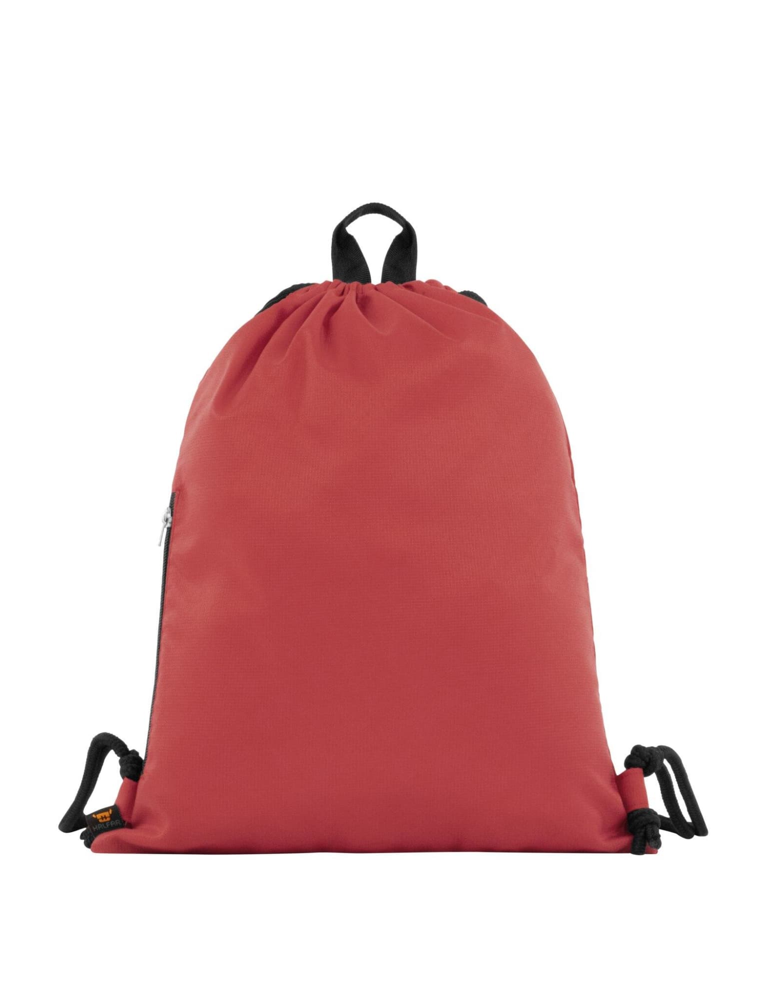 A drawstring bag in a vibrant red colour with black accents and a logo. Features a cinch closure and adjustable cords.