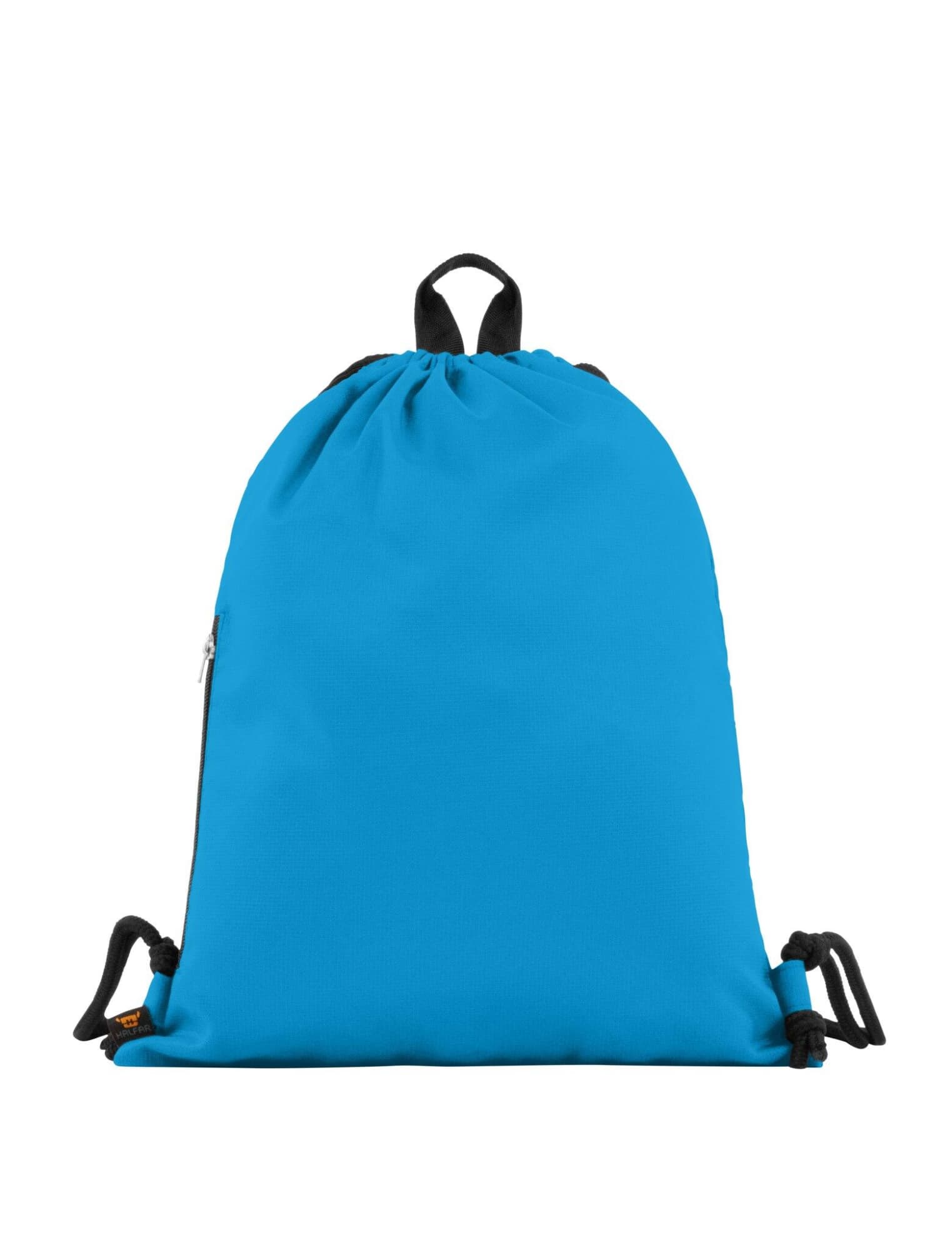 A drawstring bag in bright blue with black accents and a logo on the front.