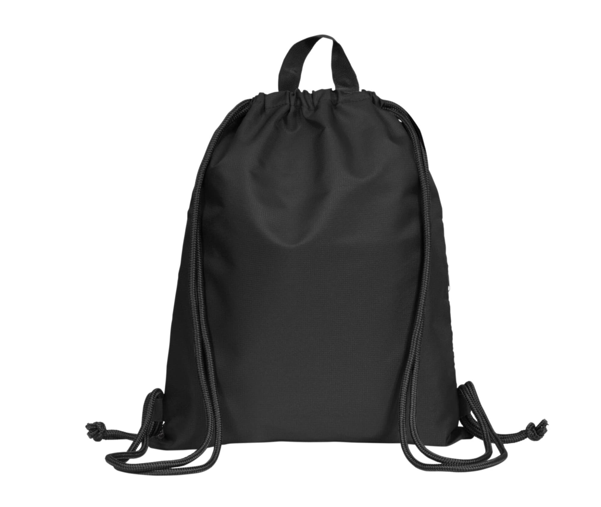 A black drawstring bag with two drawstrings and a top handle, featuring a logo.