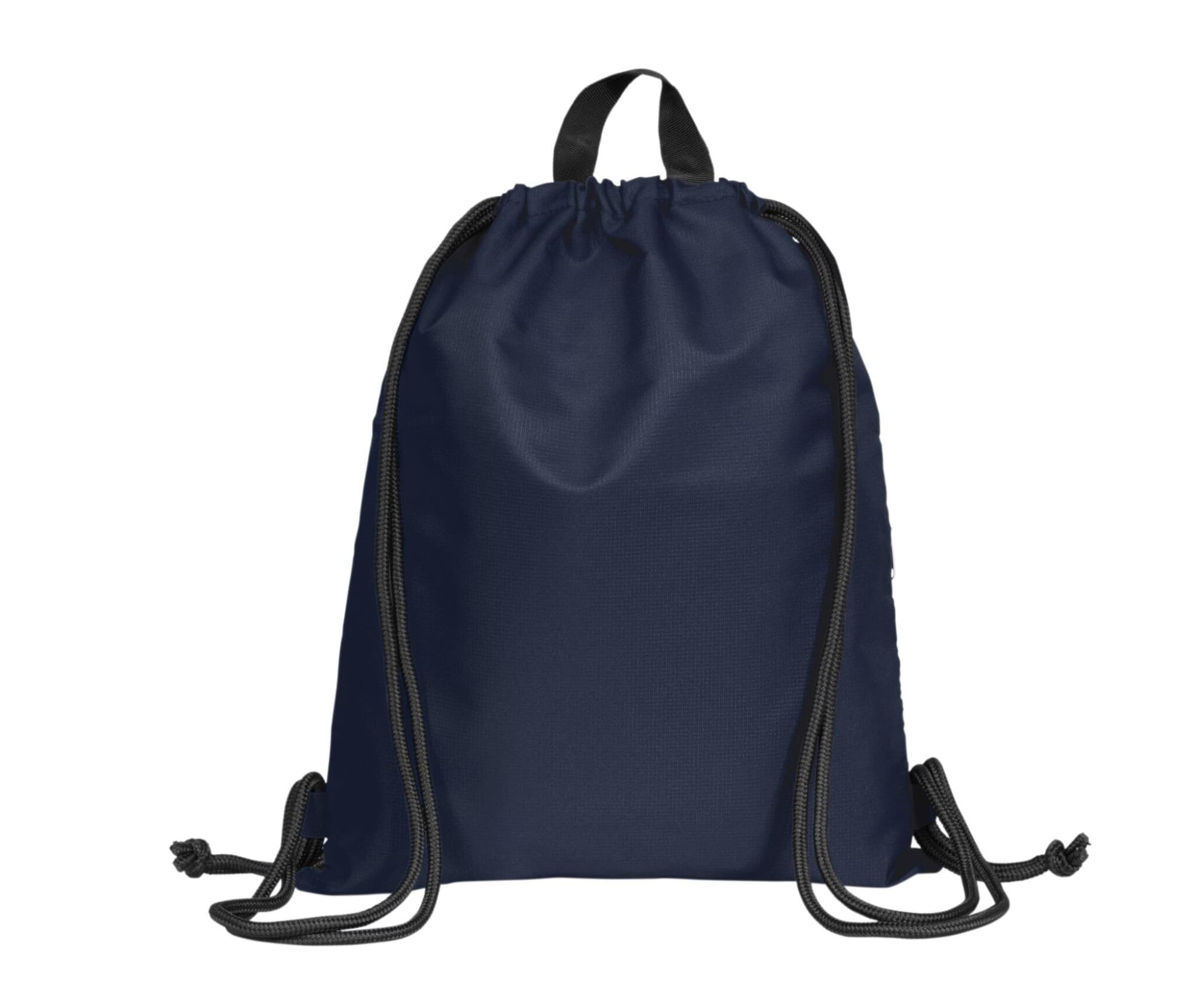 A navy drawstring bag with black cords and a simple design featuring a small logo.