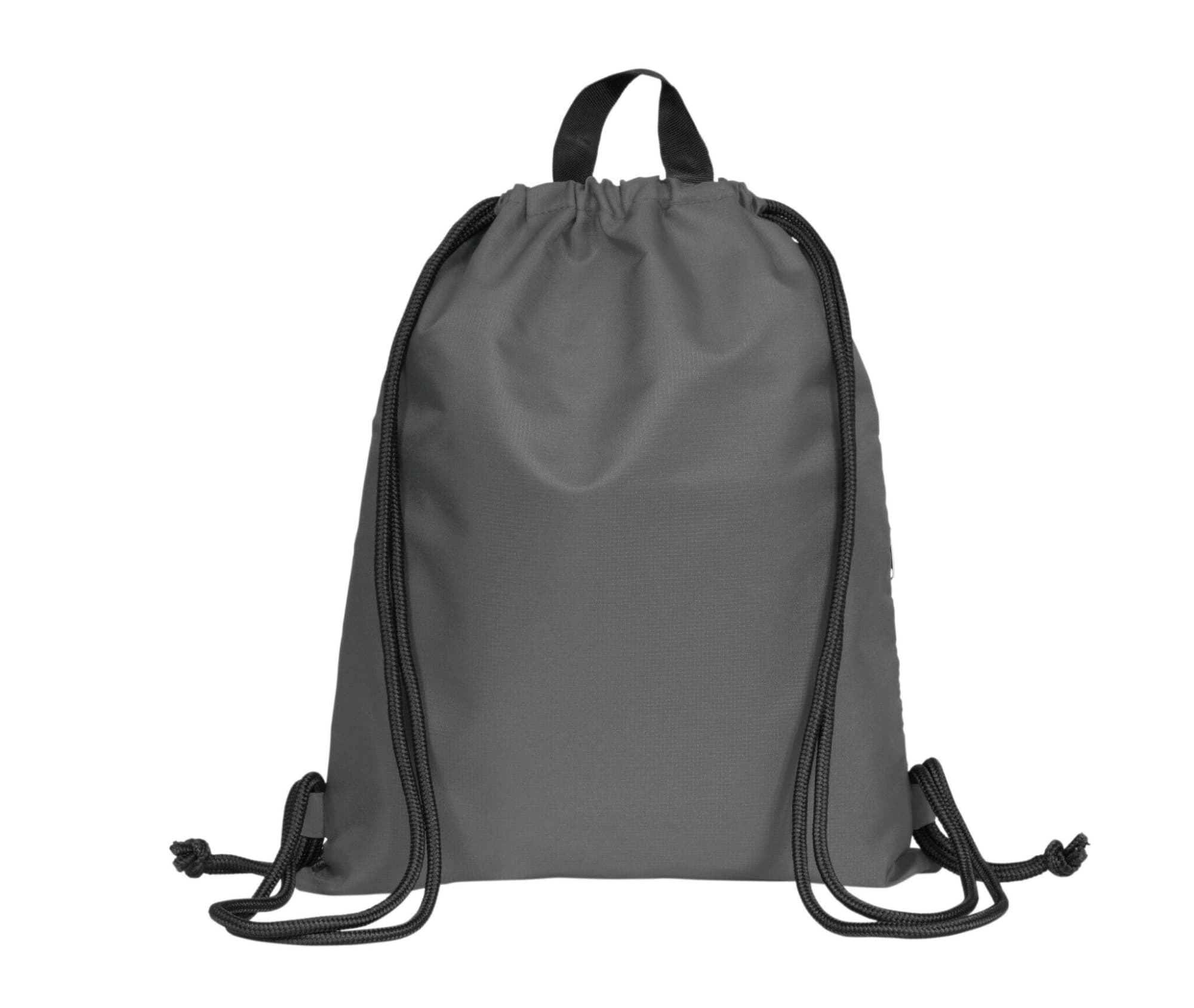 A grey drawstring bag with black cords and a simple design. It features a logo on one side.