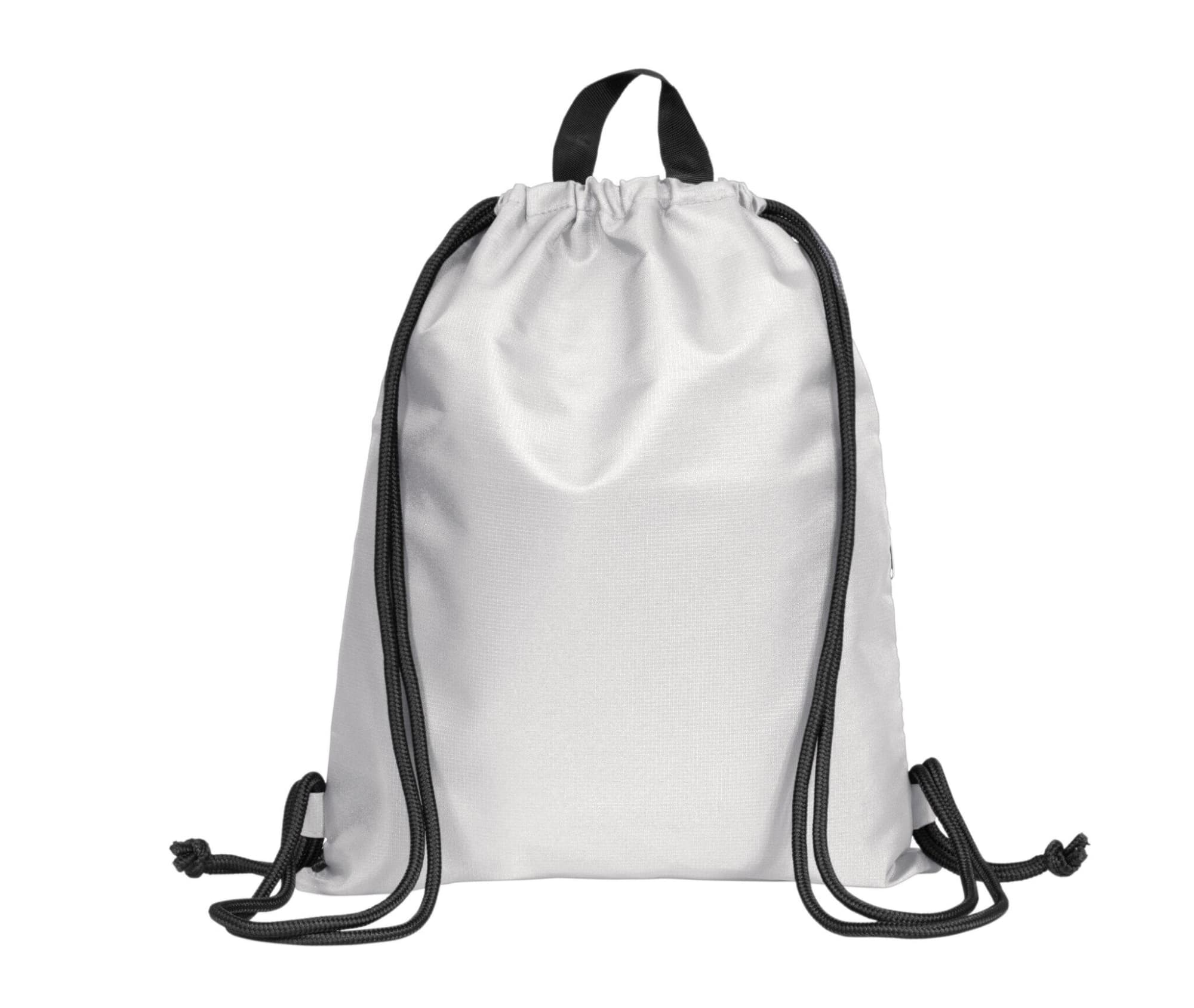 A white drawstring bag with black cords and a top handle, featuring a logo on one side.