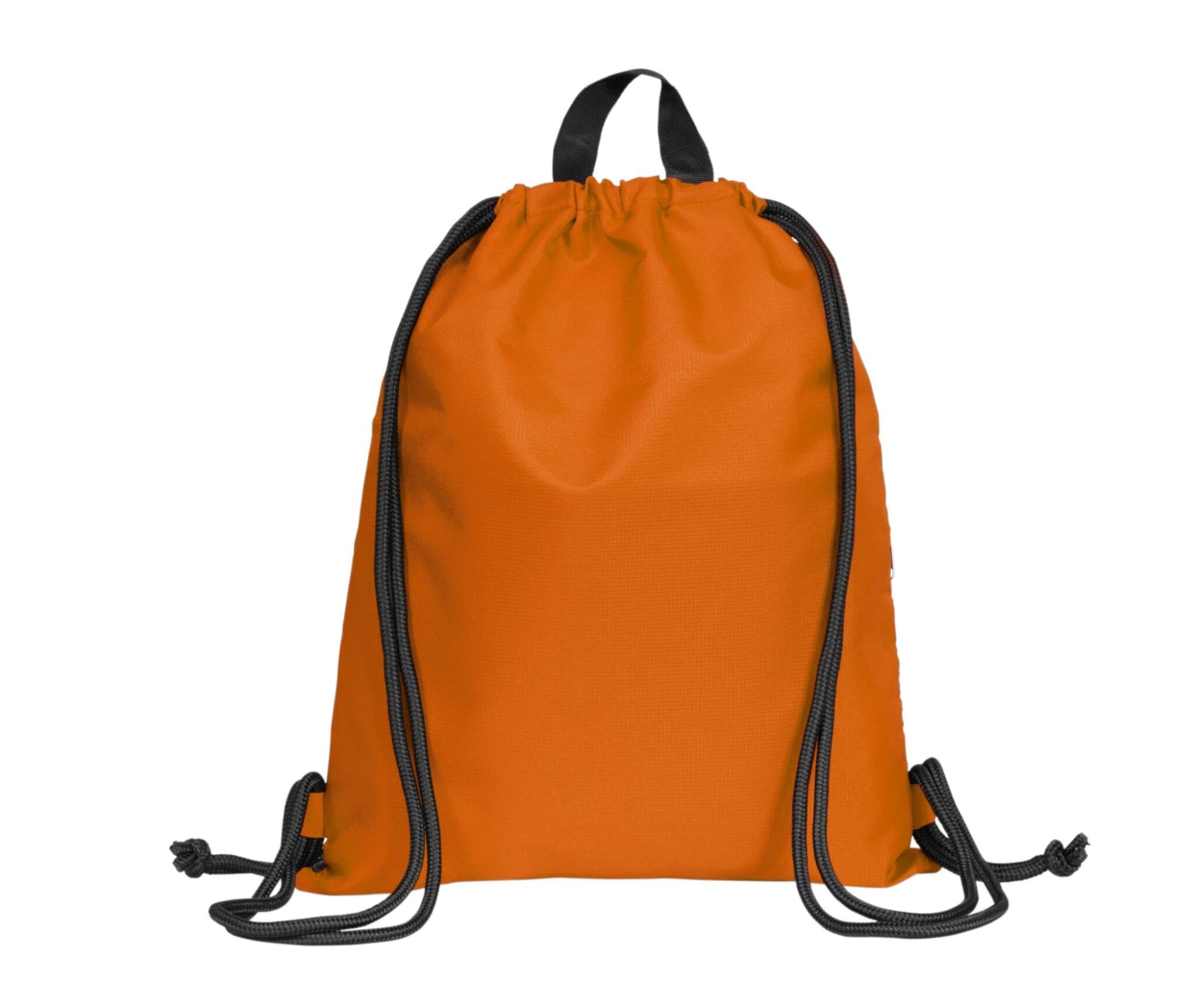An orange drawstring bag with black cords, featuring a logo on the front.