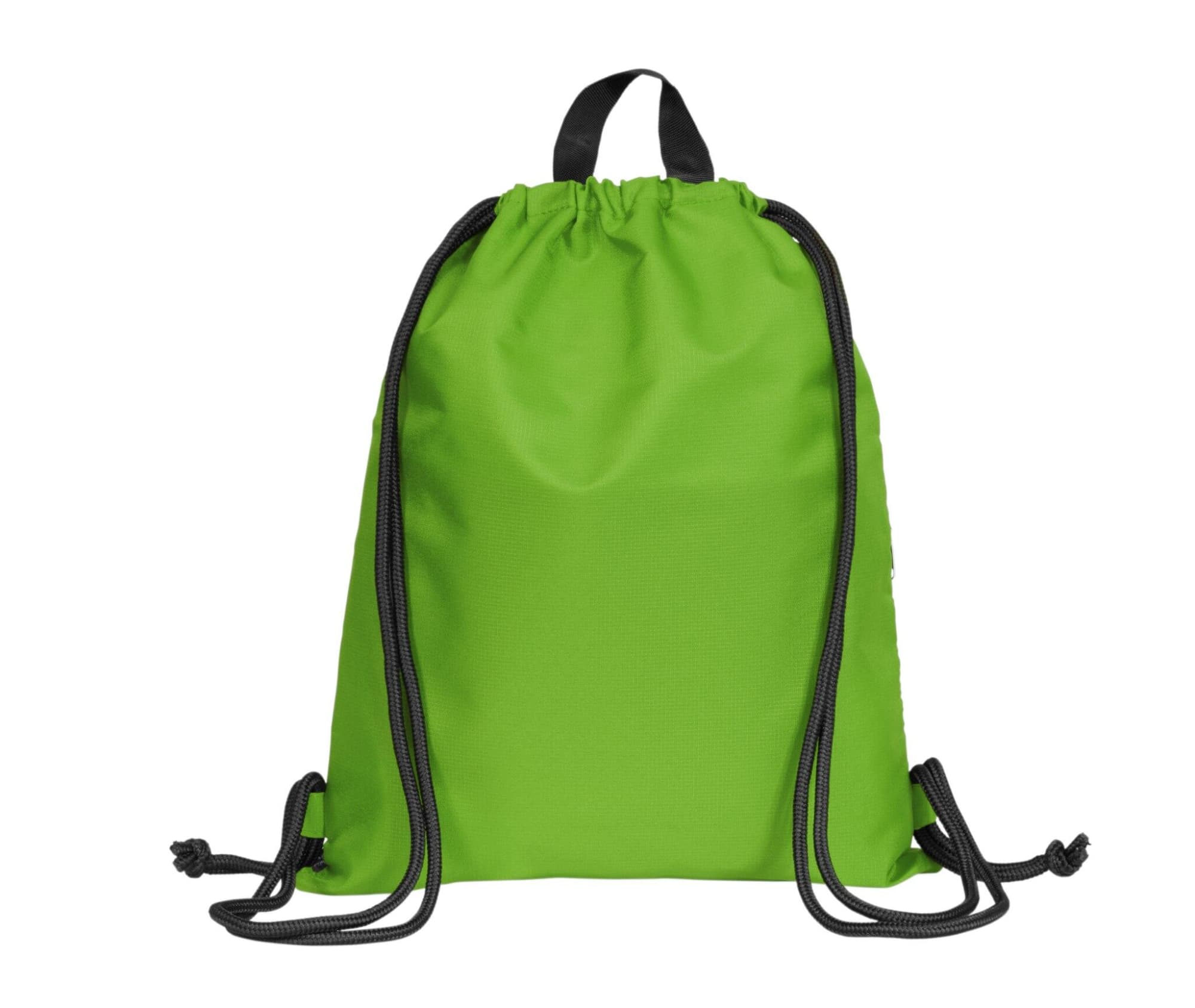A green drawstring bag with black cords and a top handle. It features a branding logo.